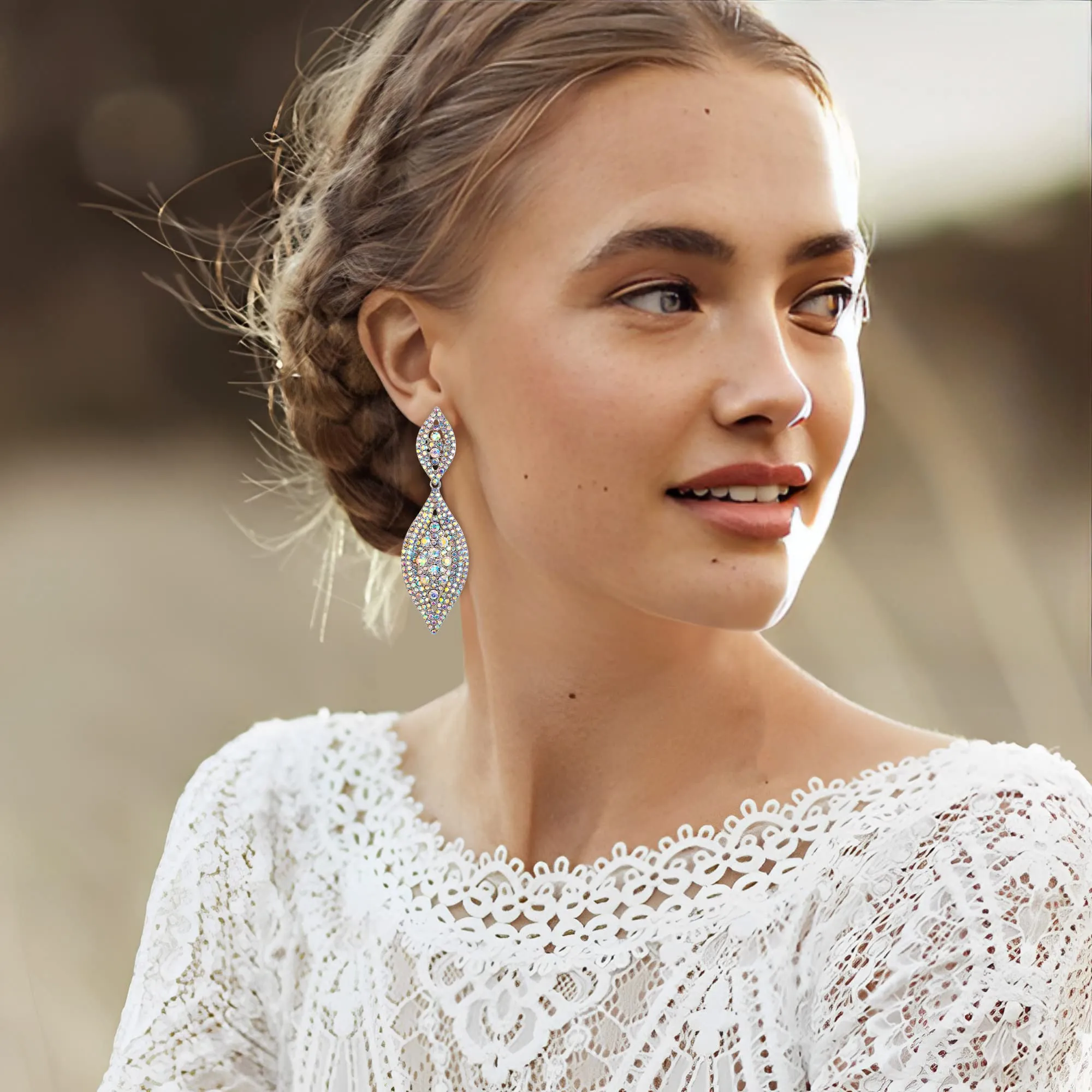 EVER FAITH Orecchini Cristallo austriaco Matrimonio Sposa Fascino 2 Foglia goccia pendente - immagine 5
