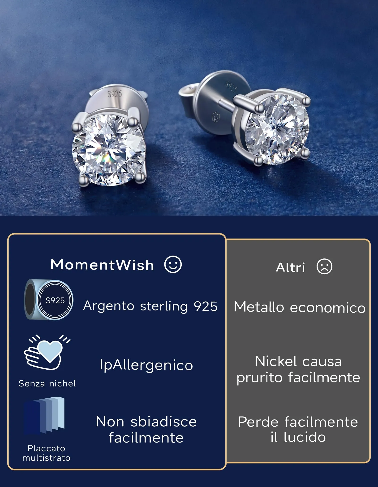 MomentWish Orecchini Moissanite Punto Luce Argento 925 6,5mm Uomo Donna - immagine 6