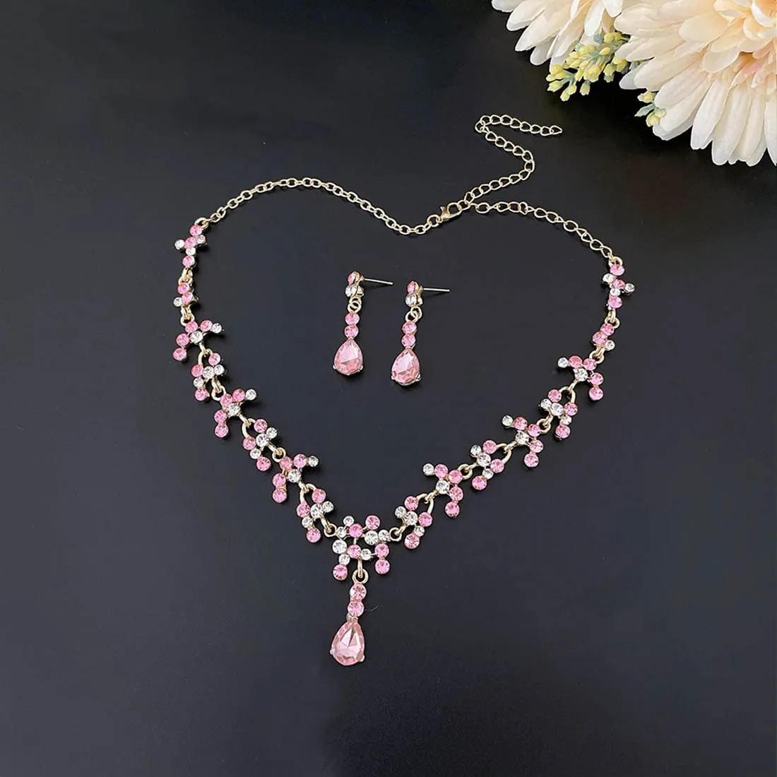 Prosy Bride Strass Collana e Orecchini Set Collana di Cristallo Bridal Party Wedding Jewelry Set per le Donne e le Ragazze (Rosa) - immagine 4