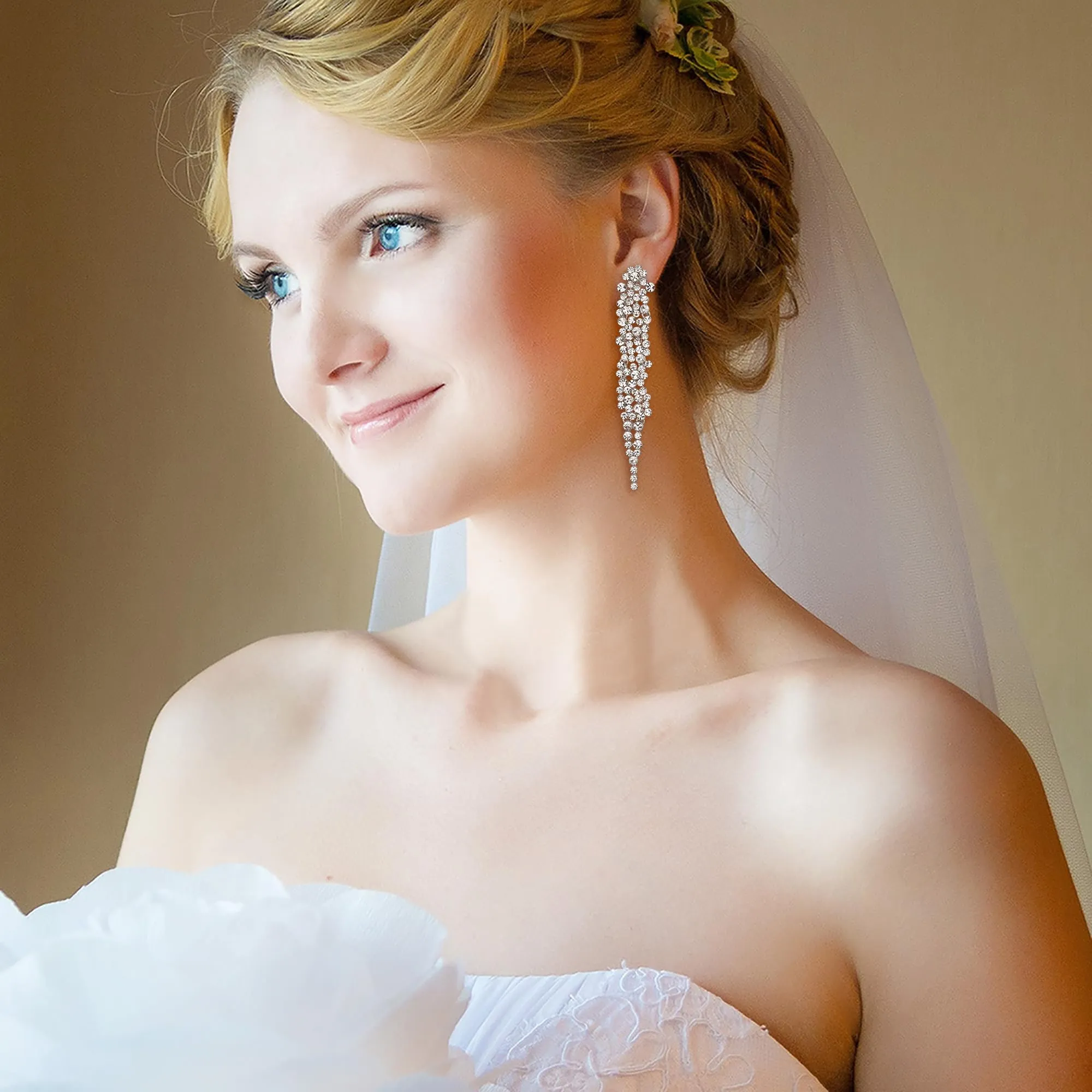 EVER FAITH Matrimonio Strass Cristalli Art Deco Statement Orecchini, Banchetto Prom Long Chandelier Orecchini pendenti per Donna Sposa Trasparente Argento-fondo - immagine 3