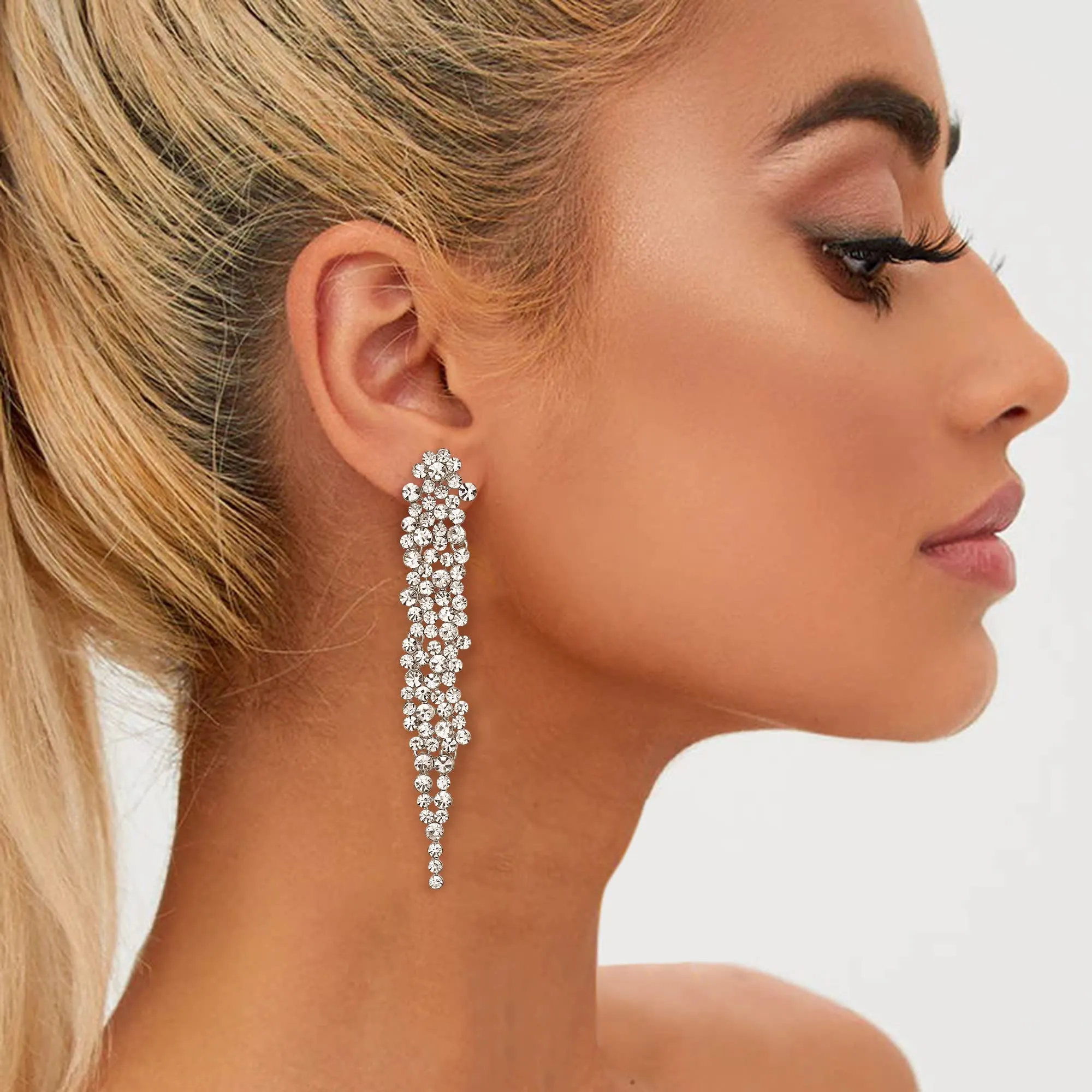 EVER FAITH Matrimonio Strass Cristalli Art Deco Statement Orecchini, Banchetto Prom Long Chandelier Orecchini pendenti per Donna Sposa Trasparente Argento-fondo - immagine 4
