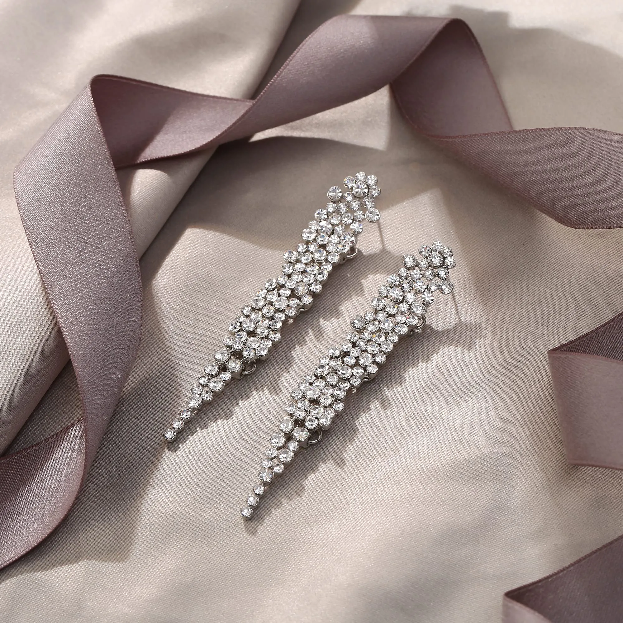 EVER FAITH Matrimonio Strass Cristalli Art Deco Statement Orecchini, Banchetto Prom Long Chandelier Orecchini pendenti per Donna Sposa Trasparente Argento-fondo - immagine 5