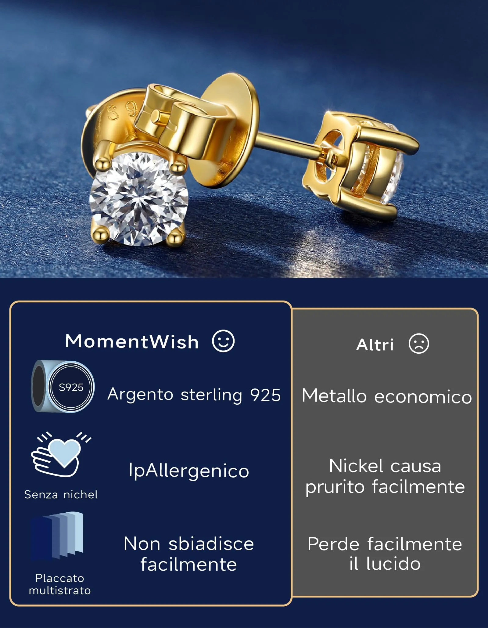 MomentWish Orecchini Moissanite Punto Luce Oro Giallo 6,5mm Uomo Donna - immagine 6