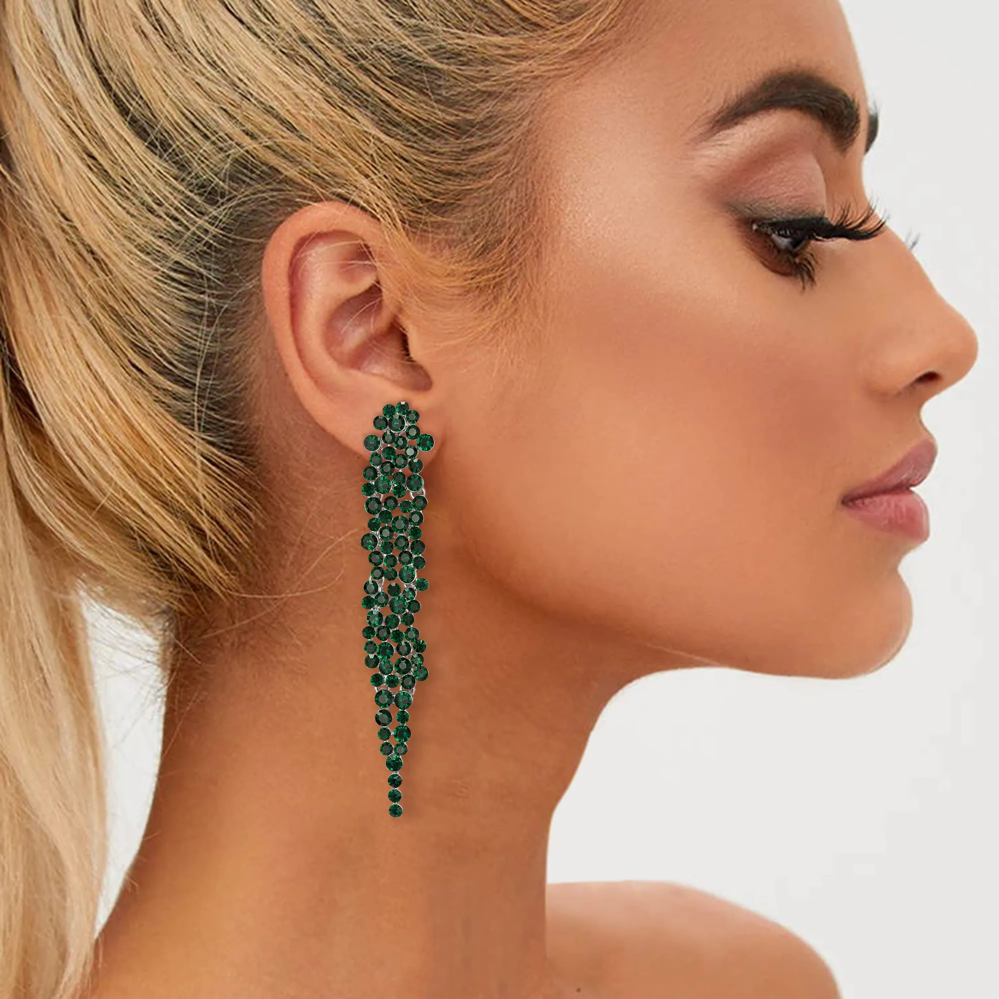 EVER FAITH Cristalli austriaci Art Deco Statement Orecchini, Banchetto Prom Long Chandelier Orecchini pendenti per Donna Verde Argento-fondo - immagine 2