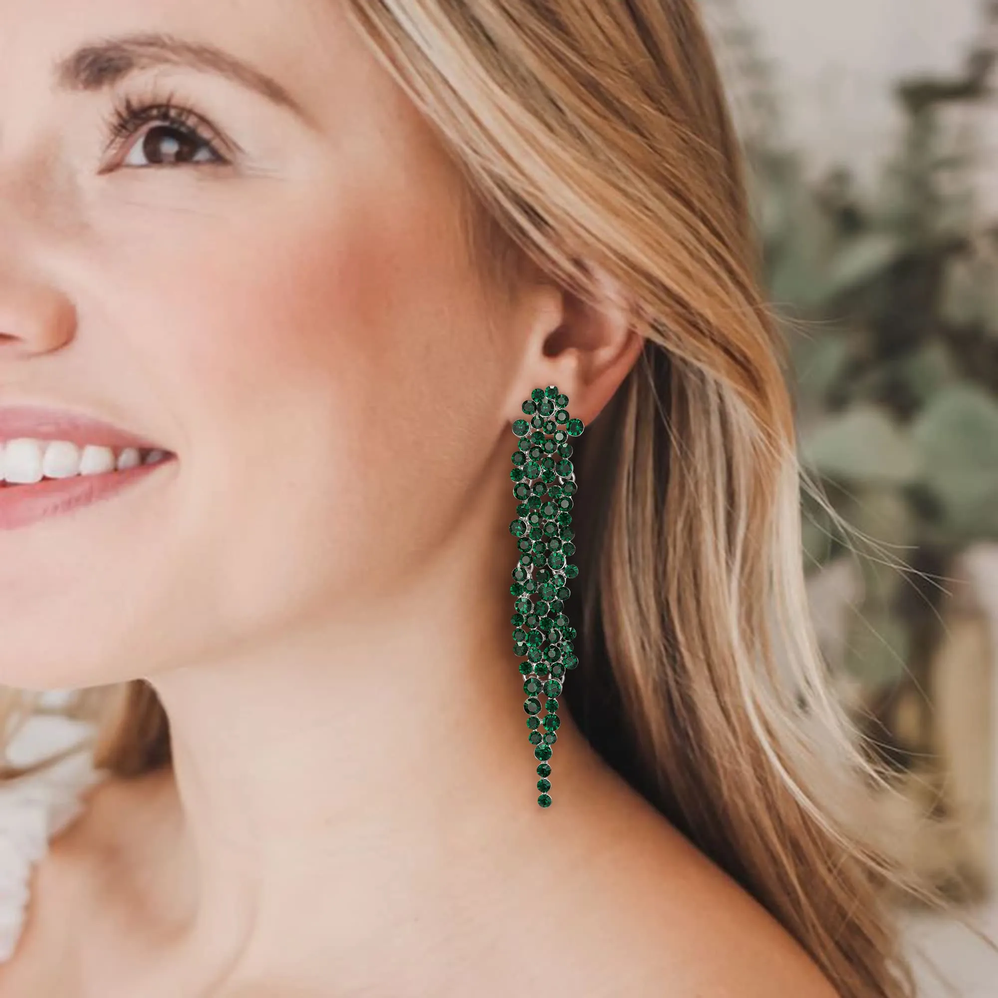 EVER FAITH Cristalli austriaci Art Deco Statement Orecchini, Banchetto Prom Long Chandelier Orecchini pendenti per Donna Verde Argento-fondo - immagine 6