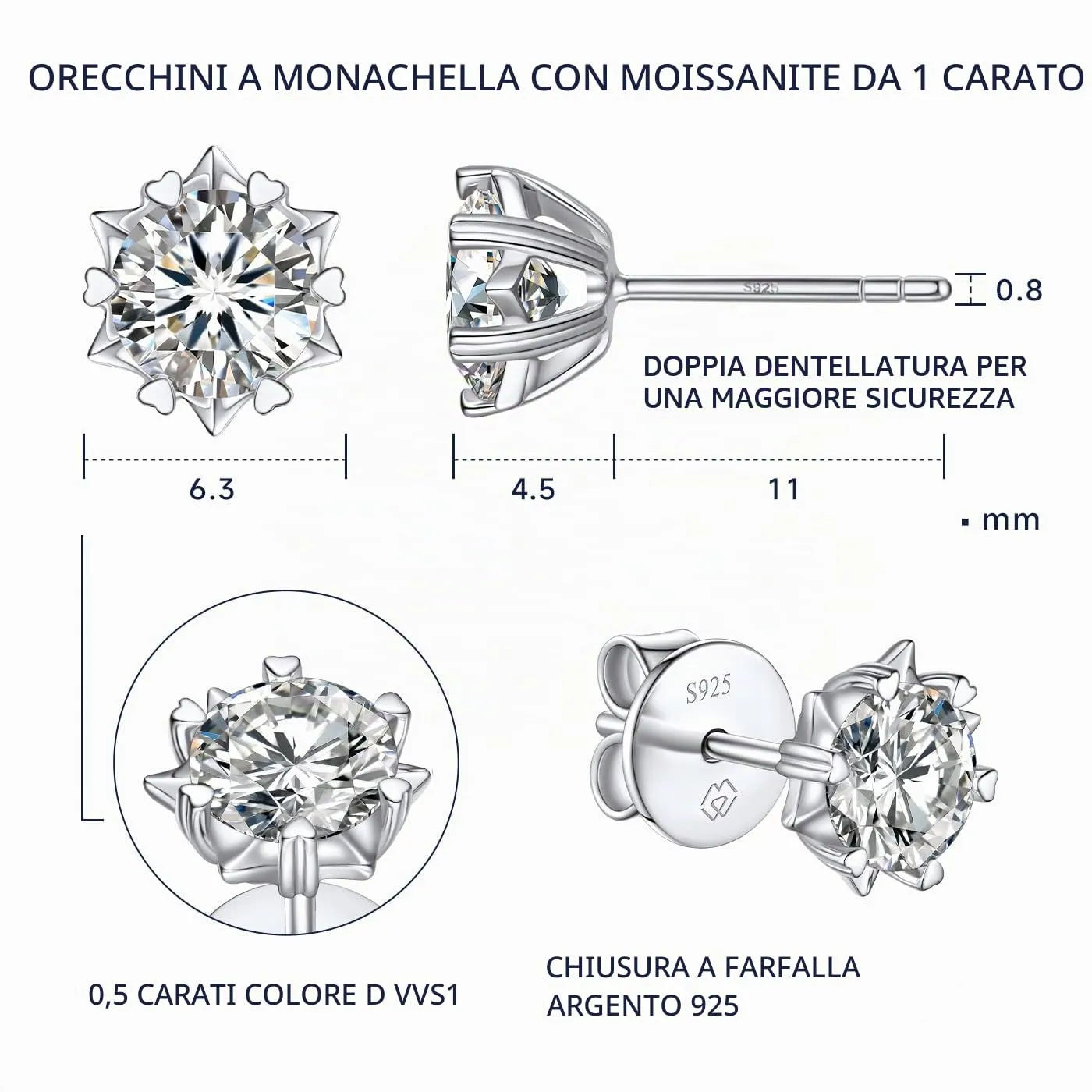 MomentWish Orecchini Fiocco di Neve Moissanite Argento 925 6,5mm - immagine 6