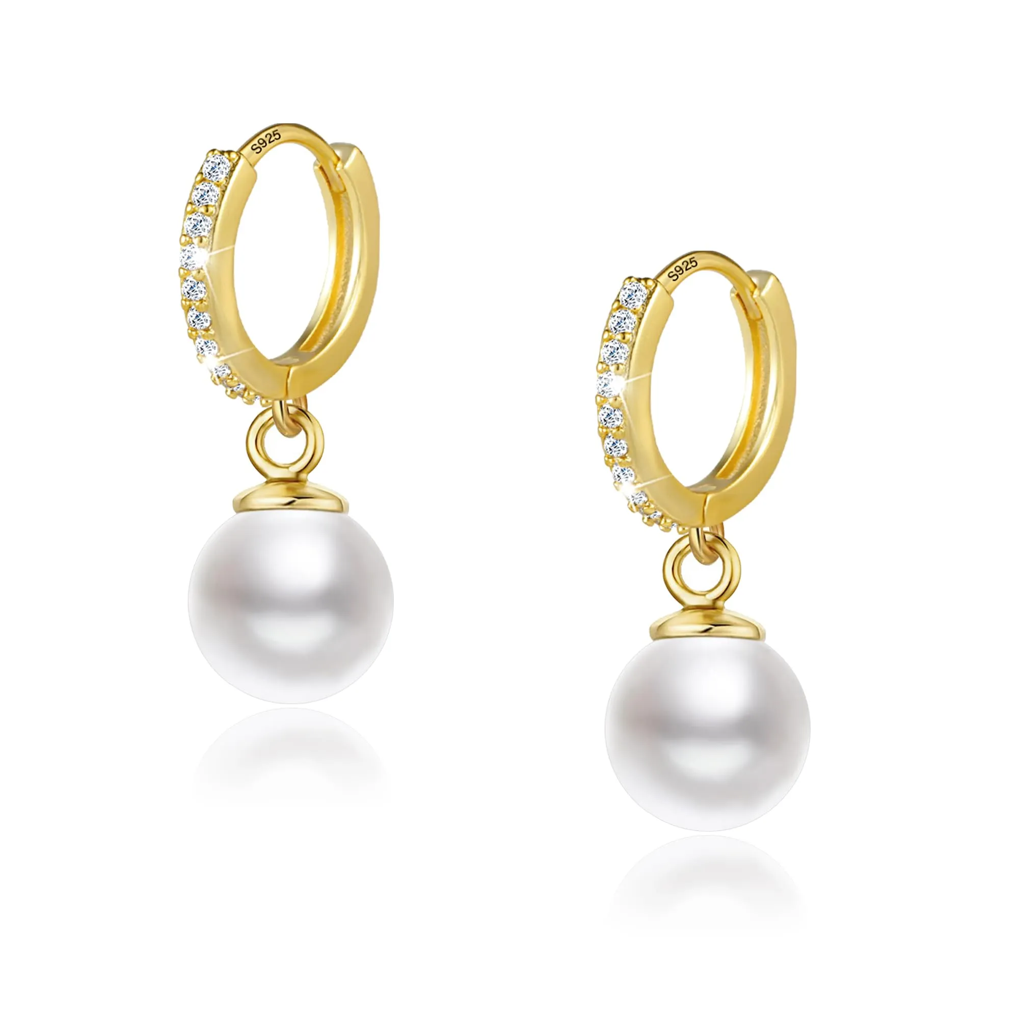Orecchini Donna Pendenti Oro 14K Perla Rotonda Leverback con Zirconi - immagine 1