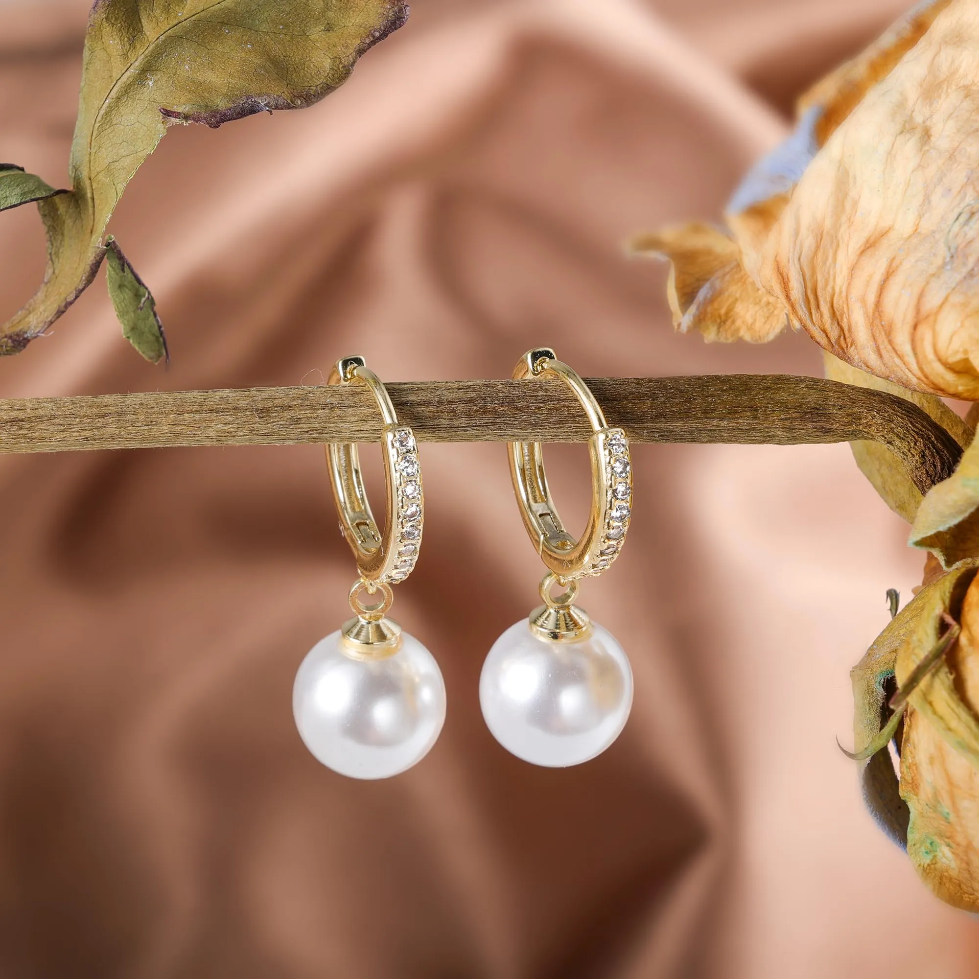 Orecchini Donna Pendenti Oro 14K Perla Rotonda Leverback con Zirconi - immagine 2