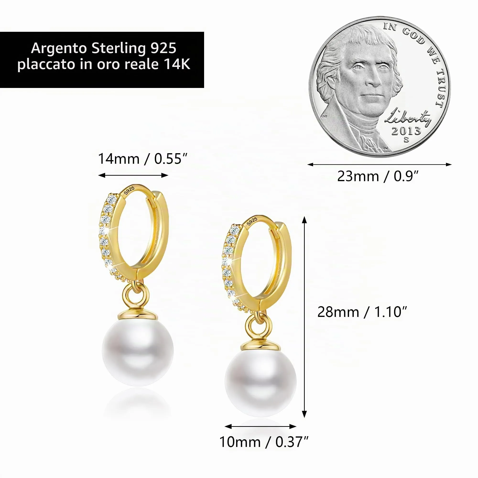 Orecchini Donna Pendenti Oro 14K Perla Rotonda Leverback con Zirconi - immagine 4