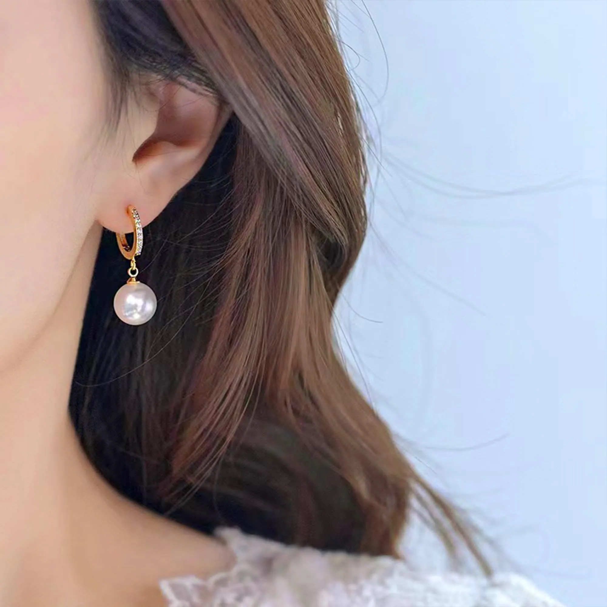Orecchini Donna Pendenti Oro 14K Perla Rotonda Leverback con Zirconi - immagine 5