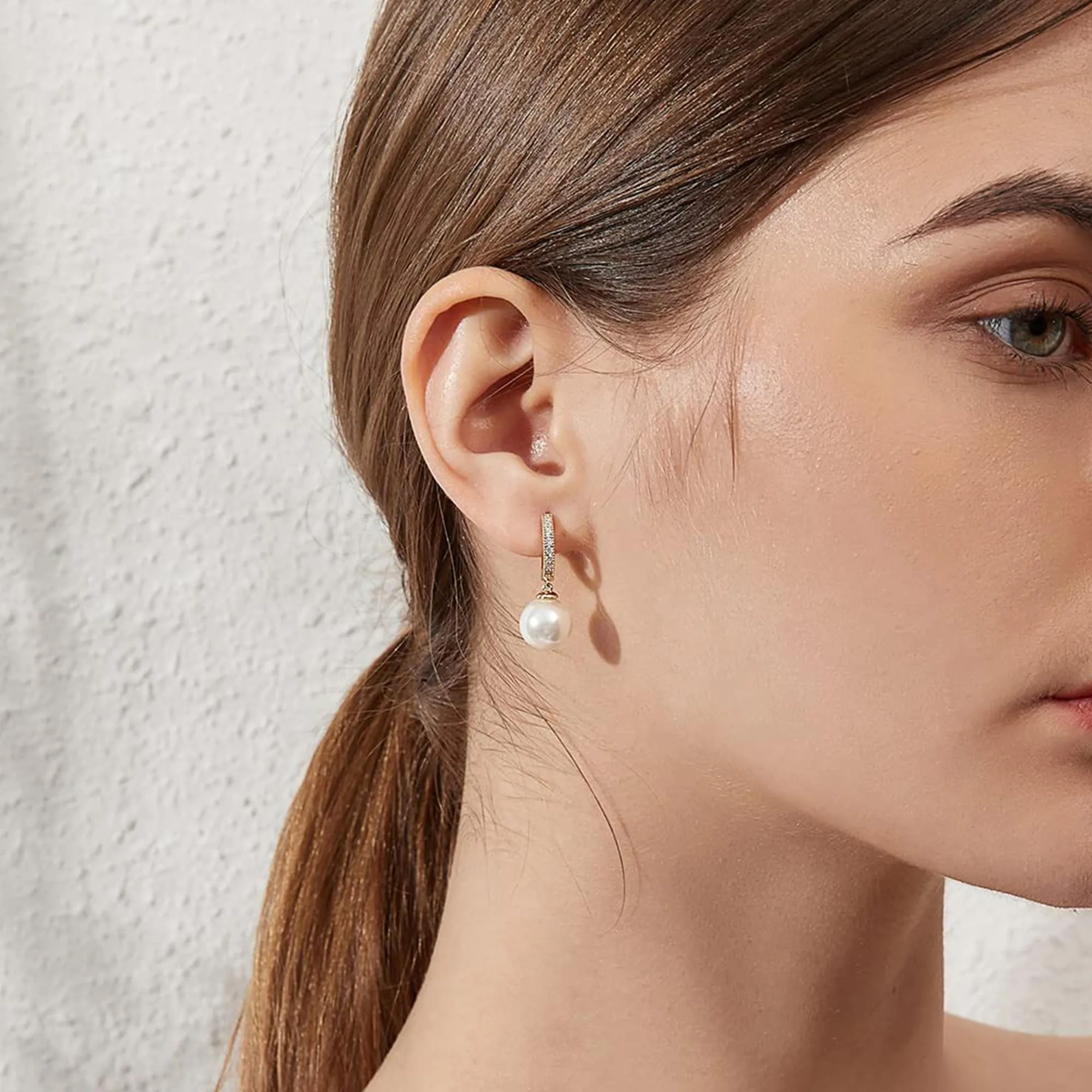 Orecchini Donna Pendenti Oro 14K Perla Rotonda Leverback con Zirconi - immagine 6