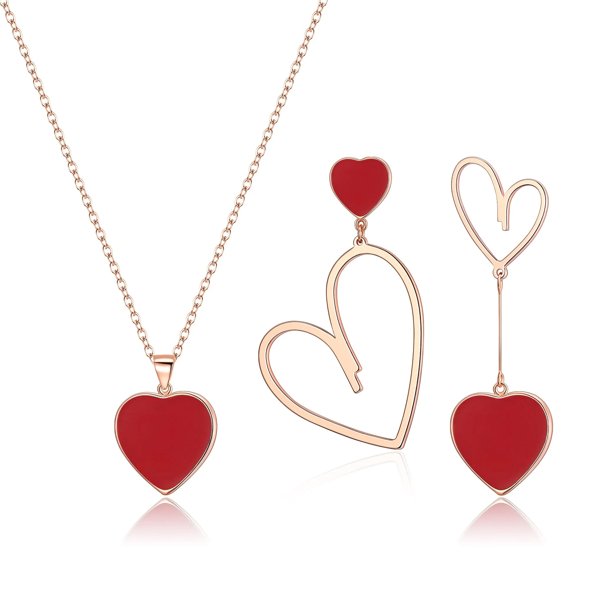 EVER FAITH Set di Gioielli da Donna con Cuori spaiati, Collana con Ciondolo Rosso Cuore di Orecchini Asimmetrici Regali per lei/Moglie/Mamma/Valentine's Day Rosa Oro Fondo - immagine 1
