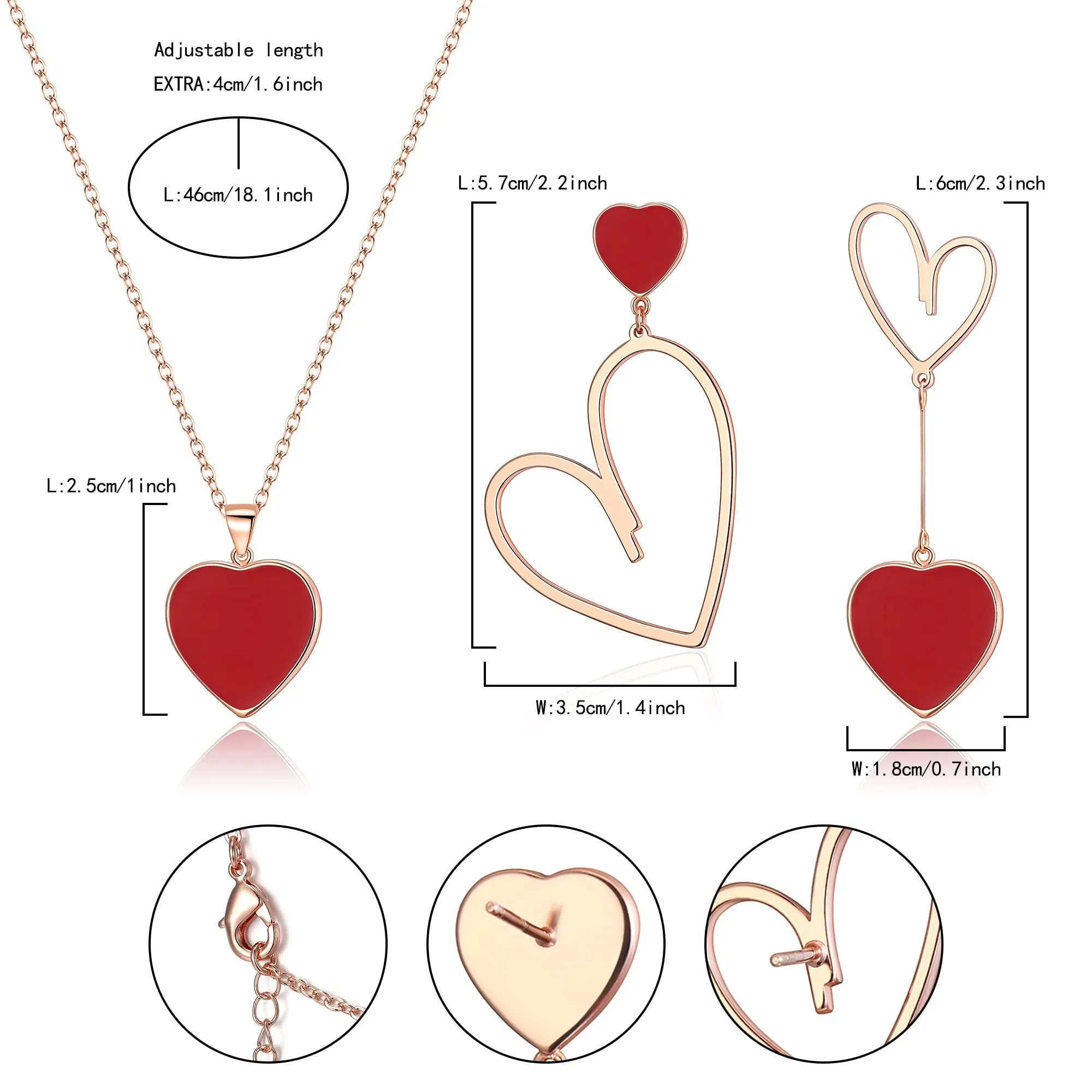 EVER FAITH Set di Gioielli da Donna con Cuori spaiati, Collana con Ciondolo Rosso Cuore di Orecchini Asimmetrici Regali per lei/Moglie/Mamma/Valentine's Day Rosa Oro Fondo - immagine 7