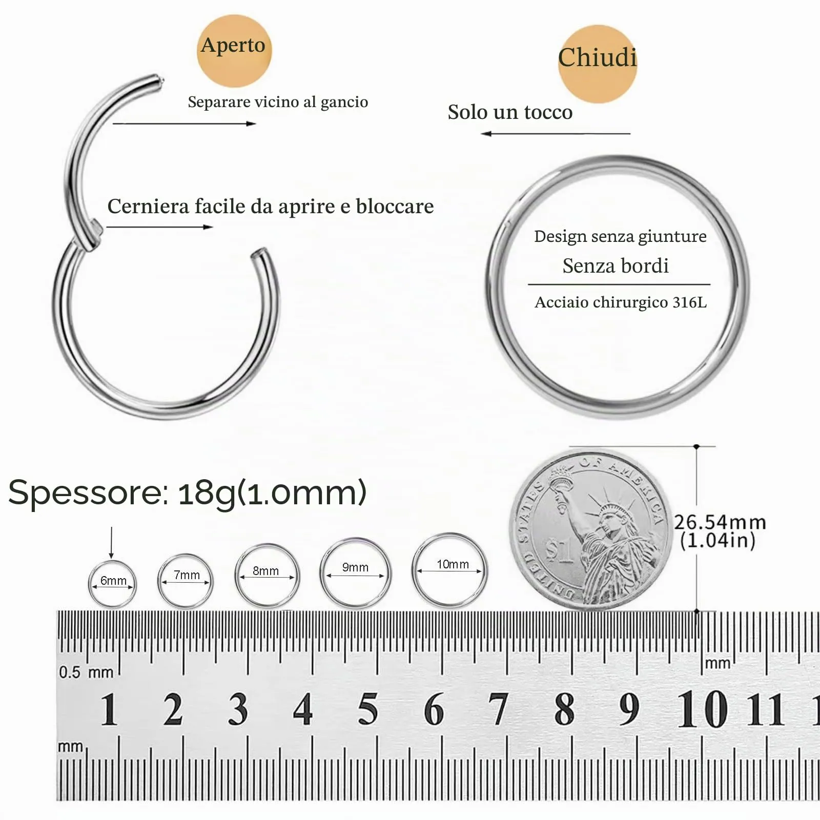 Piccoli orecchini a cerchio in oro 14 carati, orecchino ipoallergenici per cartilagine, elice, trago, per donne e uomini, cerchi in acciaio chirurgico - immagine 2