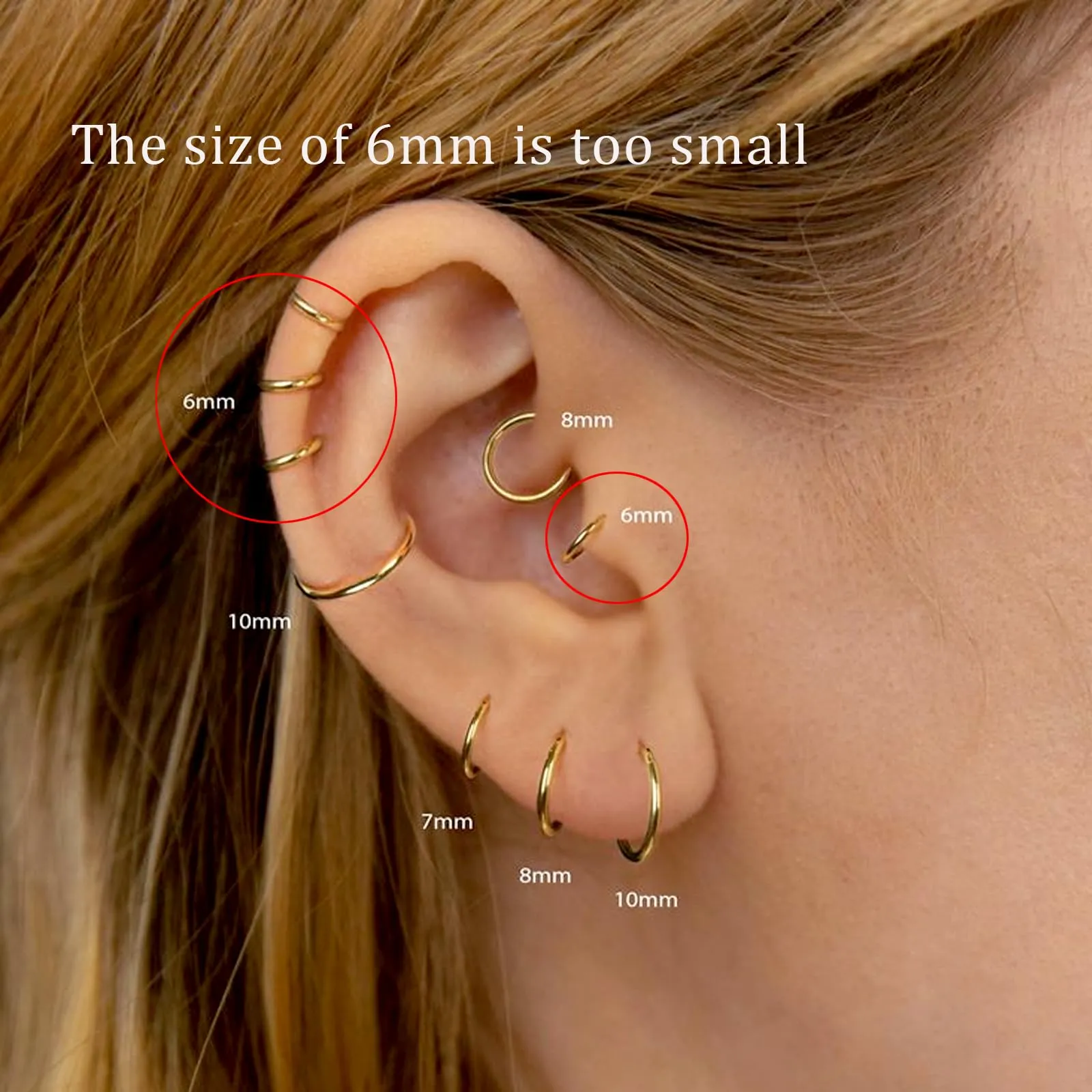 Piccoli orecchini a cerchio in oro, leggeri placcati in oro 14 K, orecchini a cerchio per cartilagine, elice, trago, ipoallergenici, per donne e uomini, piccoli cerchi sottili, in acciaio chirurgico - immagine 6