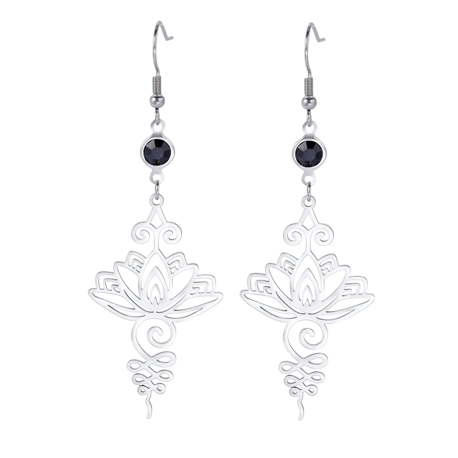 Orecchini a forma di fiore di loto in stile bohémien, in acciaio inox, per buddismo, yoga, guarigione, simbolo unalome, amuleto, gioielli religiosi, Misura unica, Acciaio inossidabile, Nessuna pietra - immagine 1