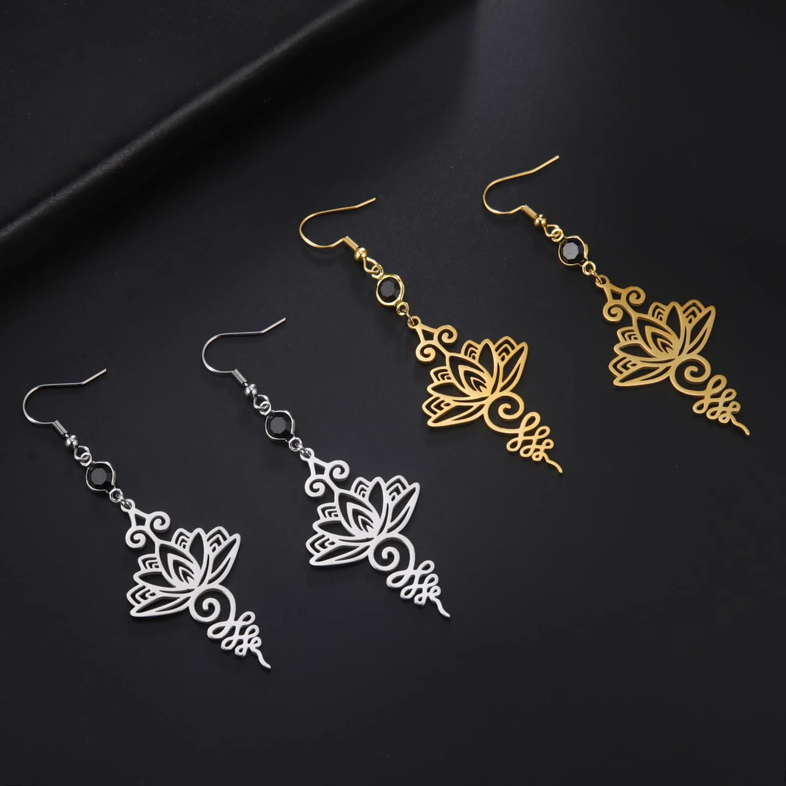 Orecchini a forma di fiore di loto in stile bohémien, in acciaio inox, per buddismo, yoga, guarigione, simbolo unalome, amuleto, gioielli religiosi, Misura unica, Acciaio inossidabile, Nessuna pietra - immagine 5