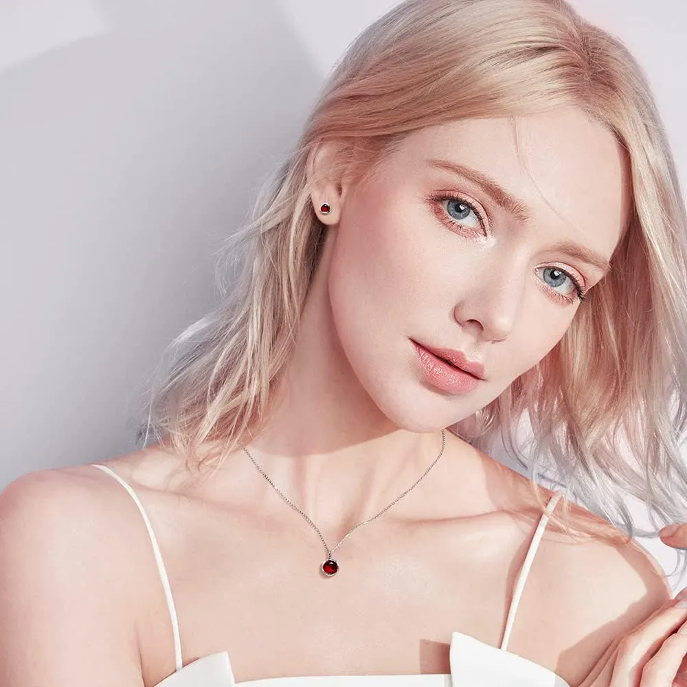 immobird Collana Orecchini Donna Set in Argento Sterling 925 di Rosegold Rosa Fiore Ciondolo con Granato Pietra Portafortuna Per Festival Regalo - immagine 2
