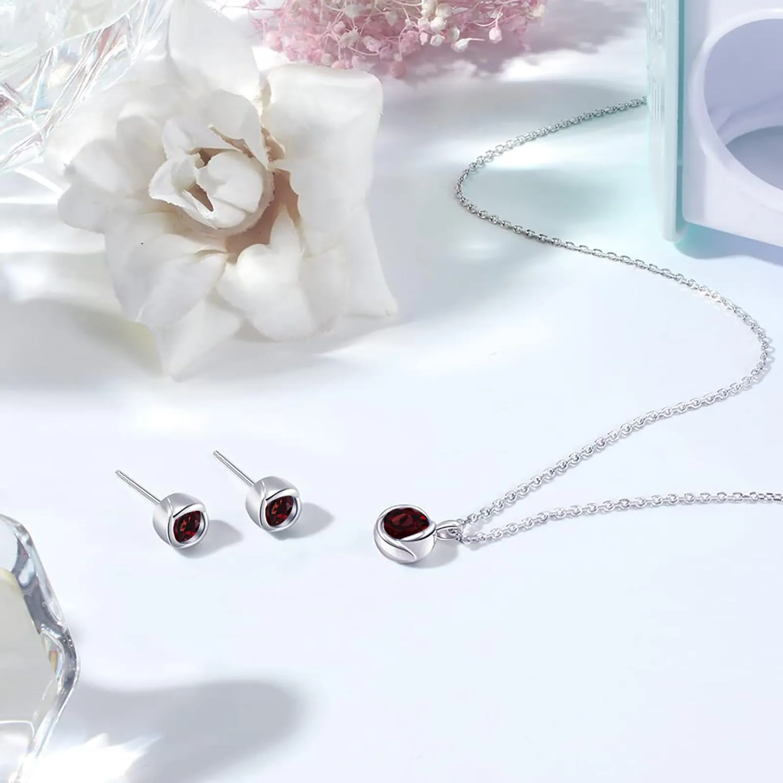 immobird Collana Orecchini Donna Set in Argento Sterling 925 di Rosegold Rosa Fiore Ciondolo con Granato Pietra Portafortuna Per Festival Regalo - immagine 3