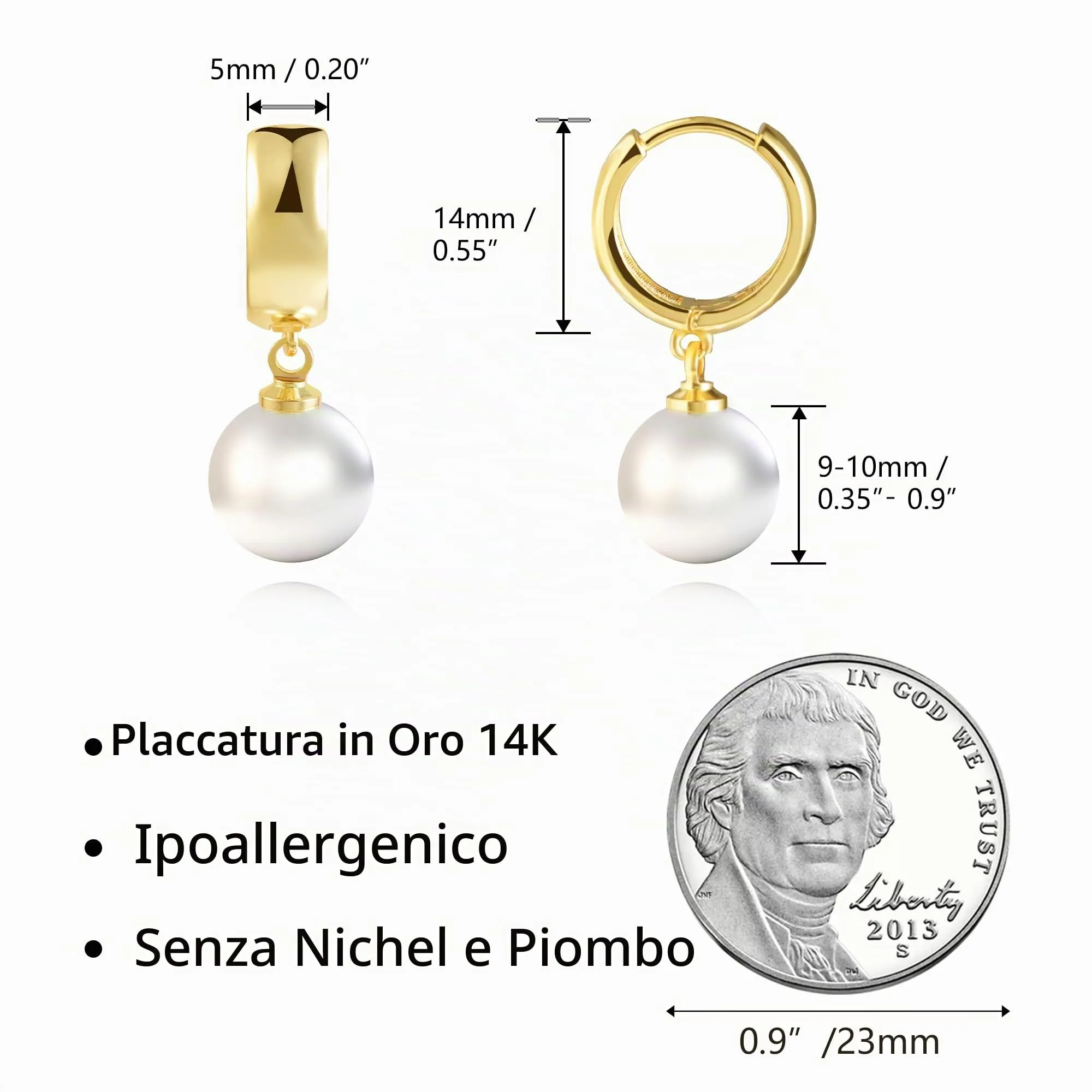 ASH'S CHOICE Orecchini Donna Pendenti Oro 14K Perla Rotonda d'Acqua Dolce - immagine 2