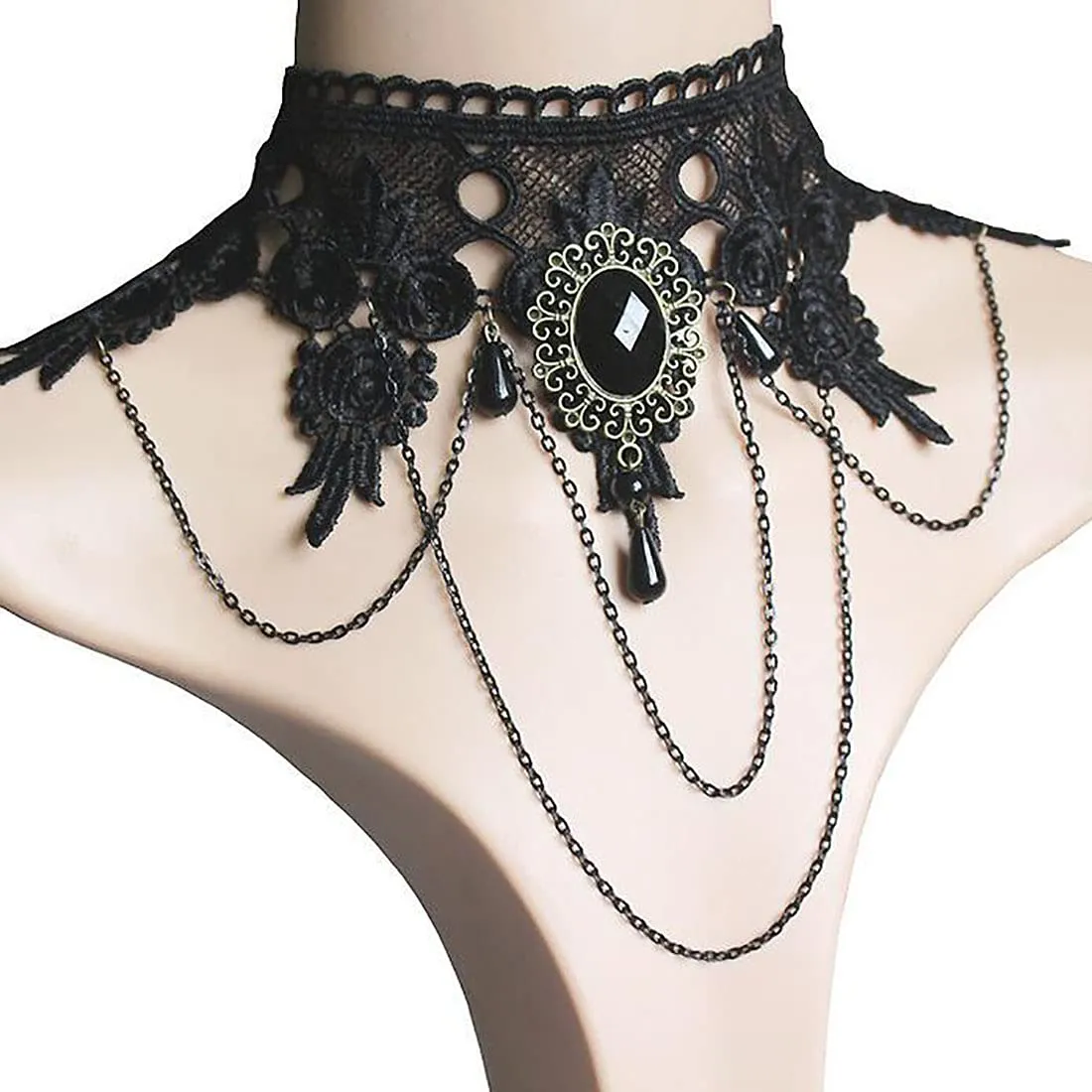 Cubahop Halloween Nero Pizzo Choker Collane Braccialetto Orecchini Set Gothic Gemstone Collare Gioielli per le Donne e le Ragazze - immagine 2