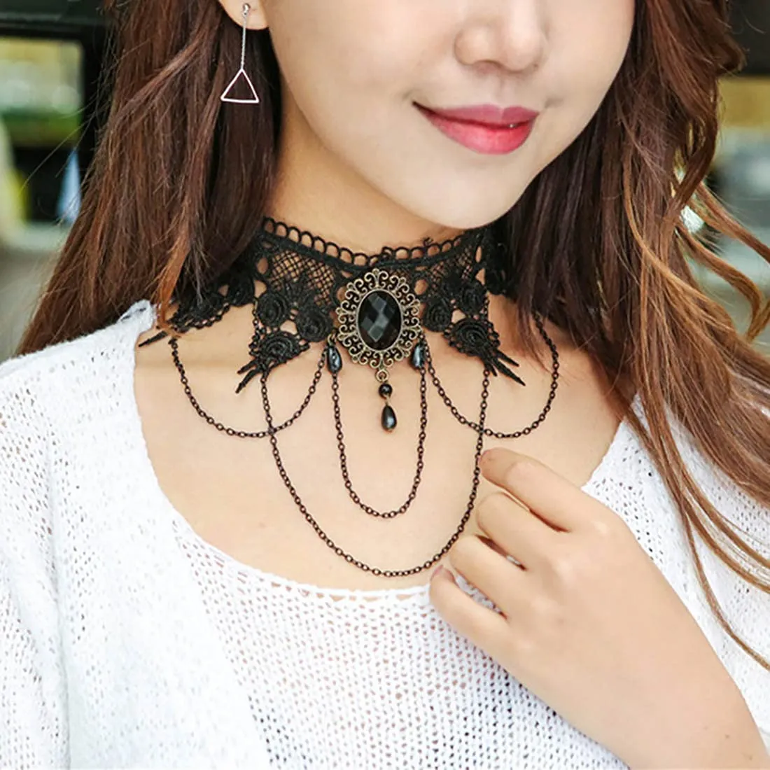 Cubahop Halloween Nero Pizzo Choker Collane Braccialetto Orecchini Set Gothic Gemstone Collare Gioielli per le Donne e le Ragazze - immagine 4