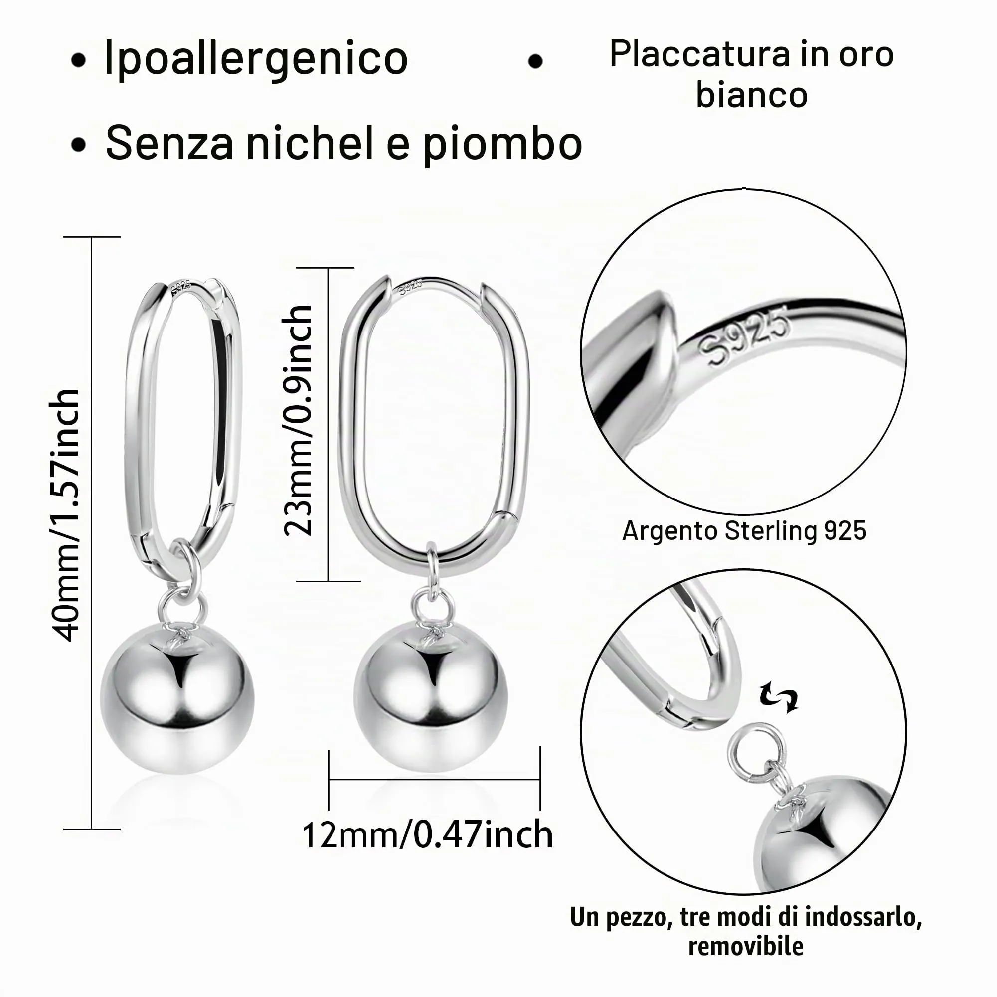 ASH'S CHOICE Orecchini Pendenti Donna Argento Sfera Leverback Lucido - immagine 2