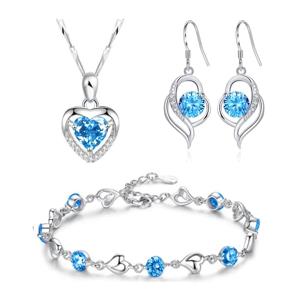 TOFBS Parure Gioielli Donna Cuore Cristalli Orecchini e Bracciali Set Collane Gioielli Zircone Gioielli Zircone Set Per Donna Ragazze Matrimonio Blu - immagine 1