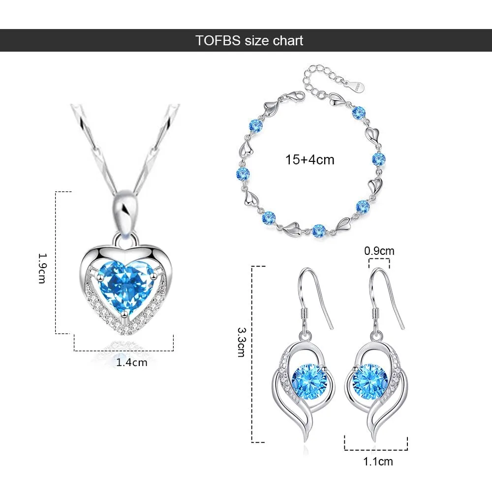 TOFBS Parure Gioielli Donna Cuore Cristalli Orecchini e Bracciali Set Collane Gioielli Zircone Gioielli Zircone Set Per Donna Ragazze Matrimonio Blu - immagine 7