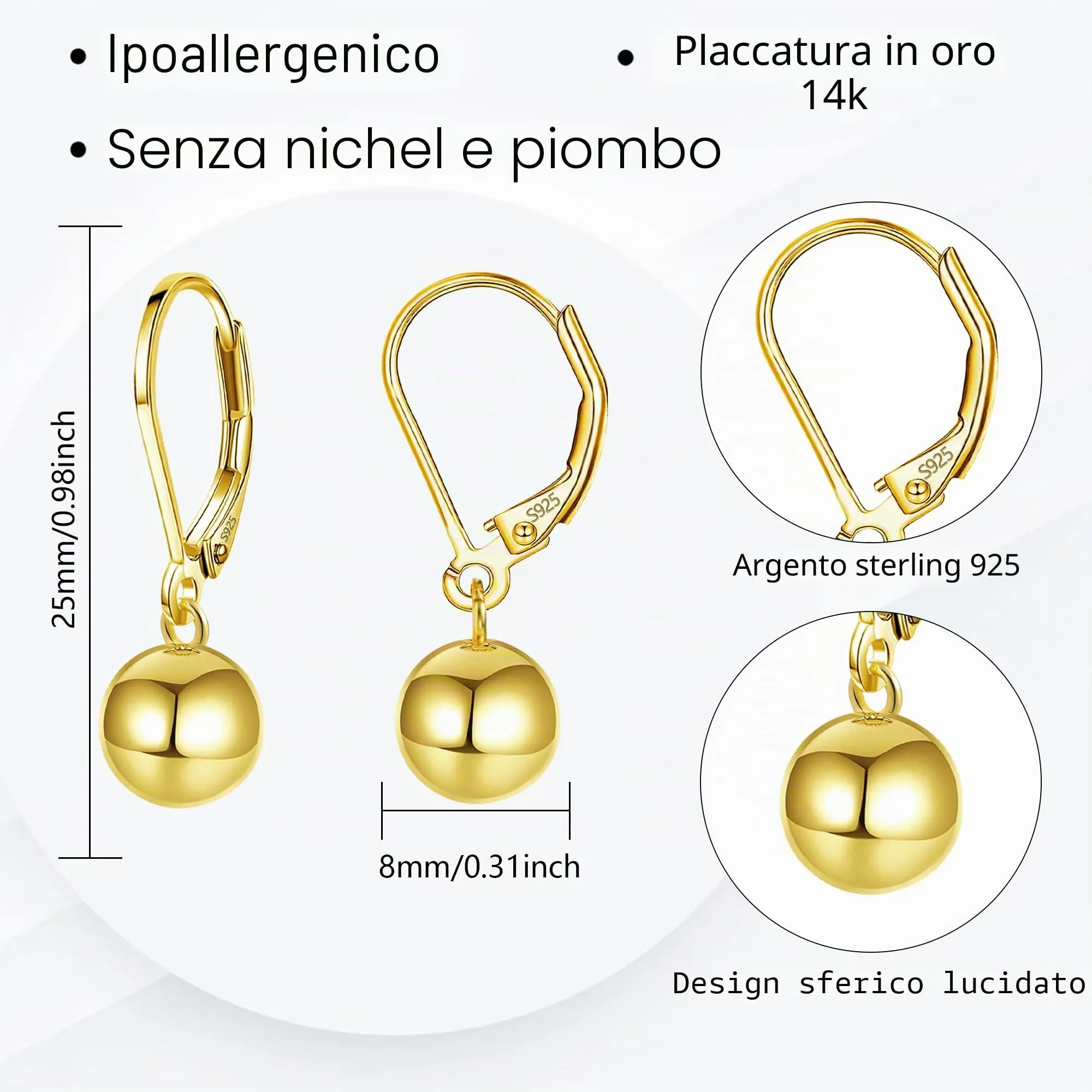 ASH'S CHOICE Orecchini Pendenti Donna Oro 14K Sfera Leverback Lucido - immagine 4