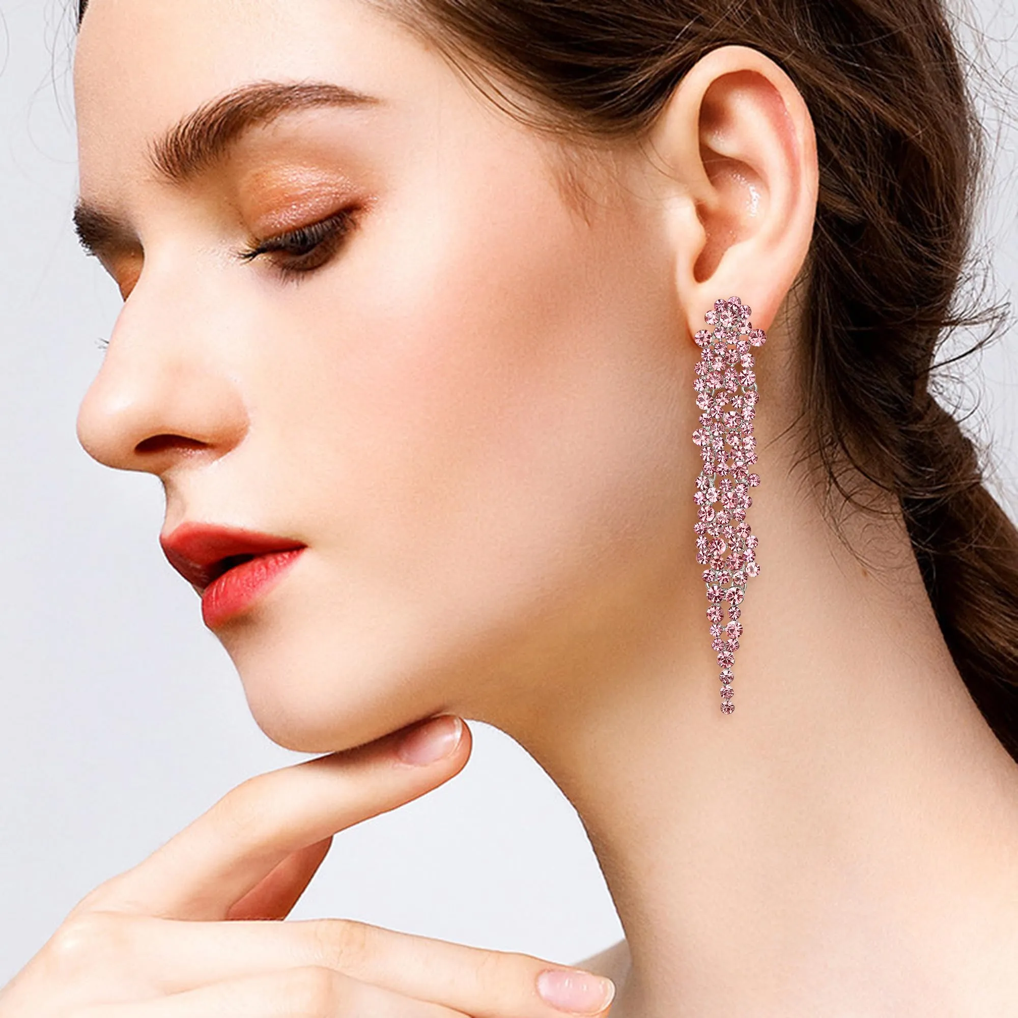 EVER FAITH Statement Orecchini Strass Cristallo Banchetto Lungo Lampadario Pendente per Le Signore Prom Matrimonio Sposa Chiaro Argento Tonalità, Cristallo, Nessuna pietra preziosa - immagine 3
