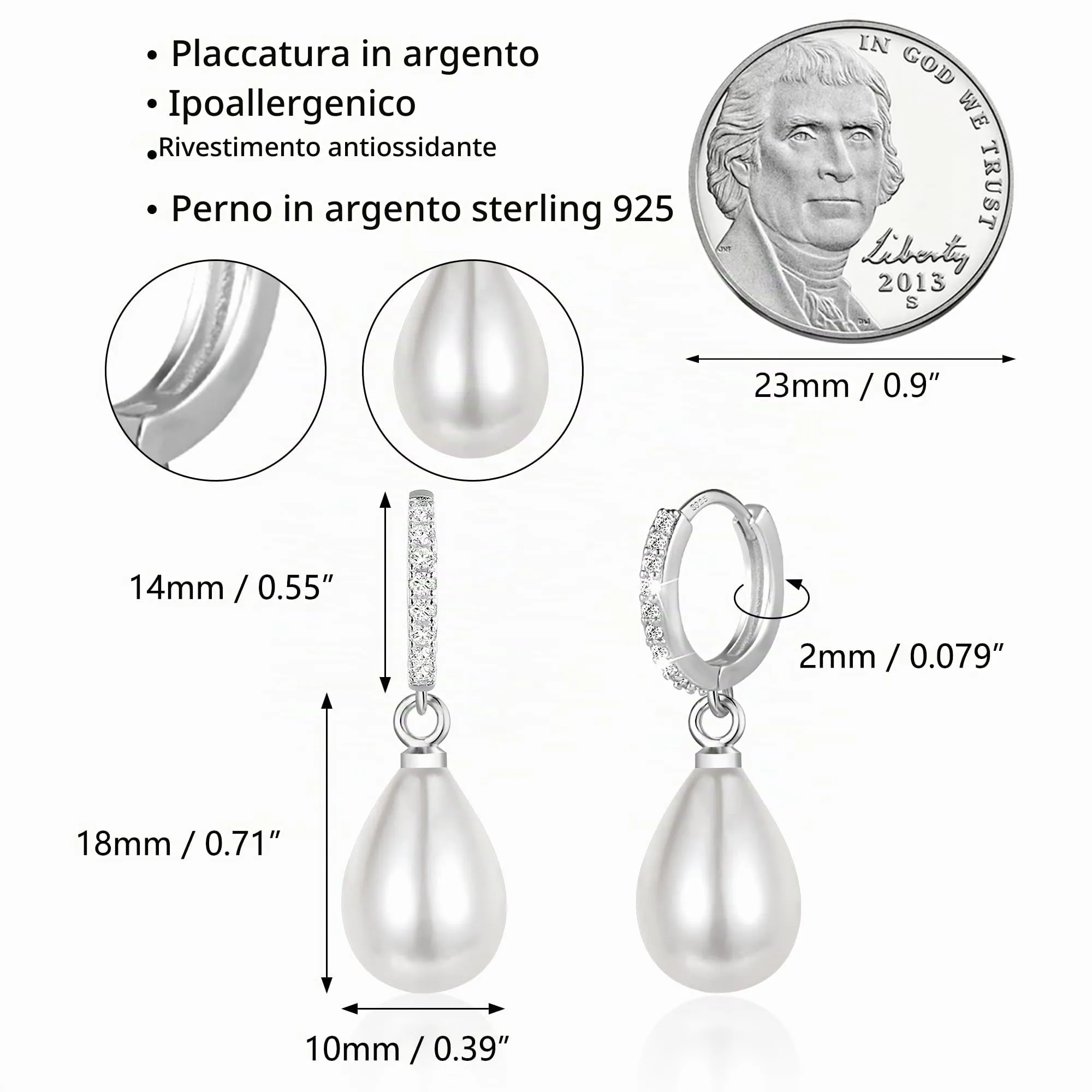 ASH'S CHOICE Orecchini Pendenti Donna Argento Goccia Perla d'Acqua Dolce - immagine 4