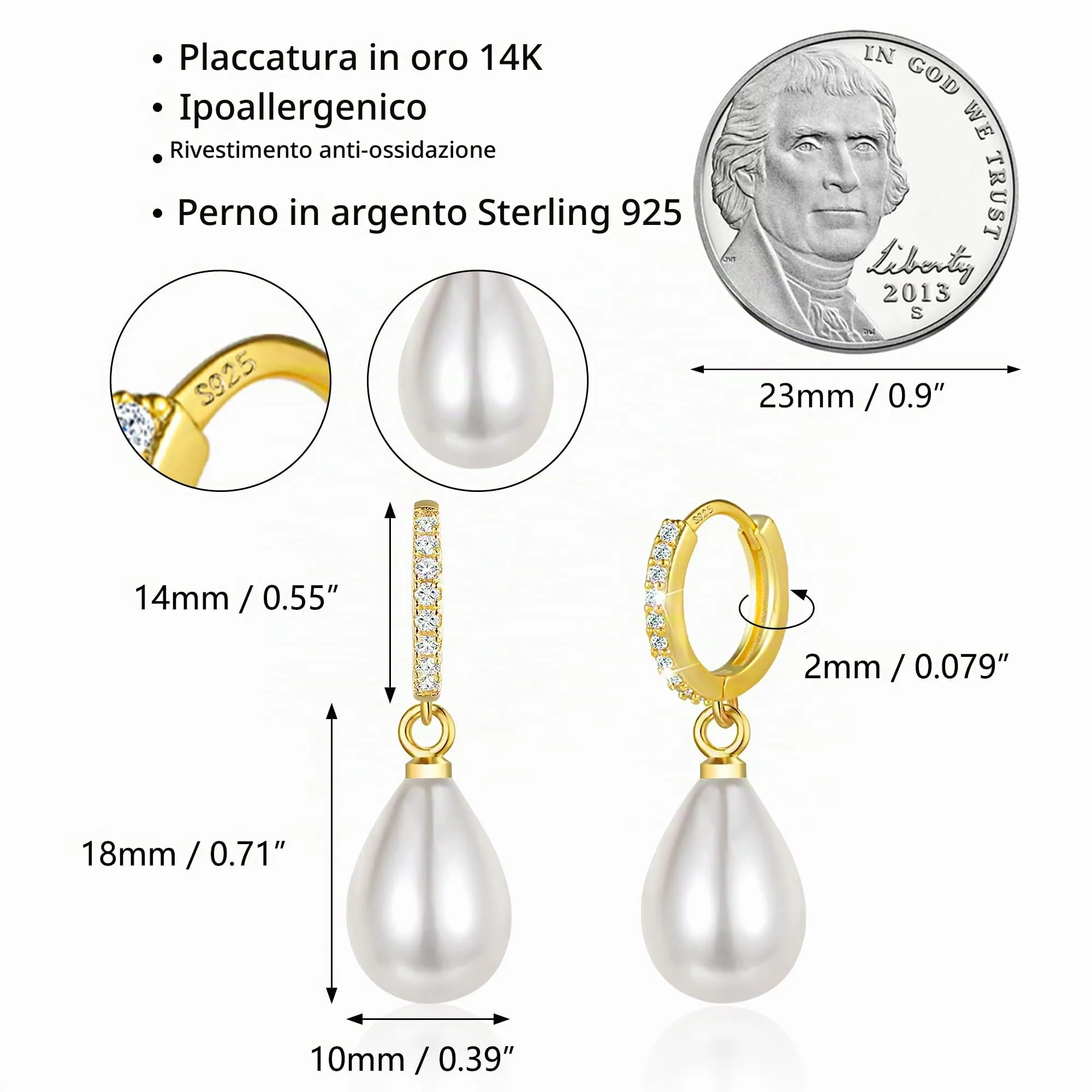 ASH'S CHOICE Orecchini Donna Pendenti Oro 14K Goccia Perla d'Acqua Dolce - immagine 4