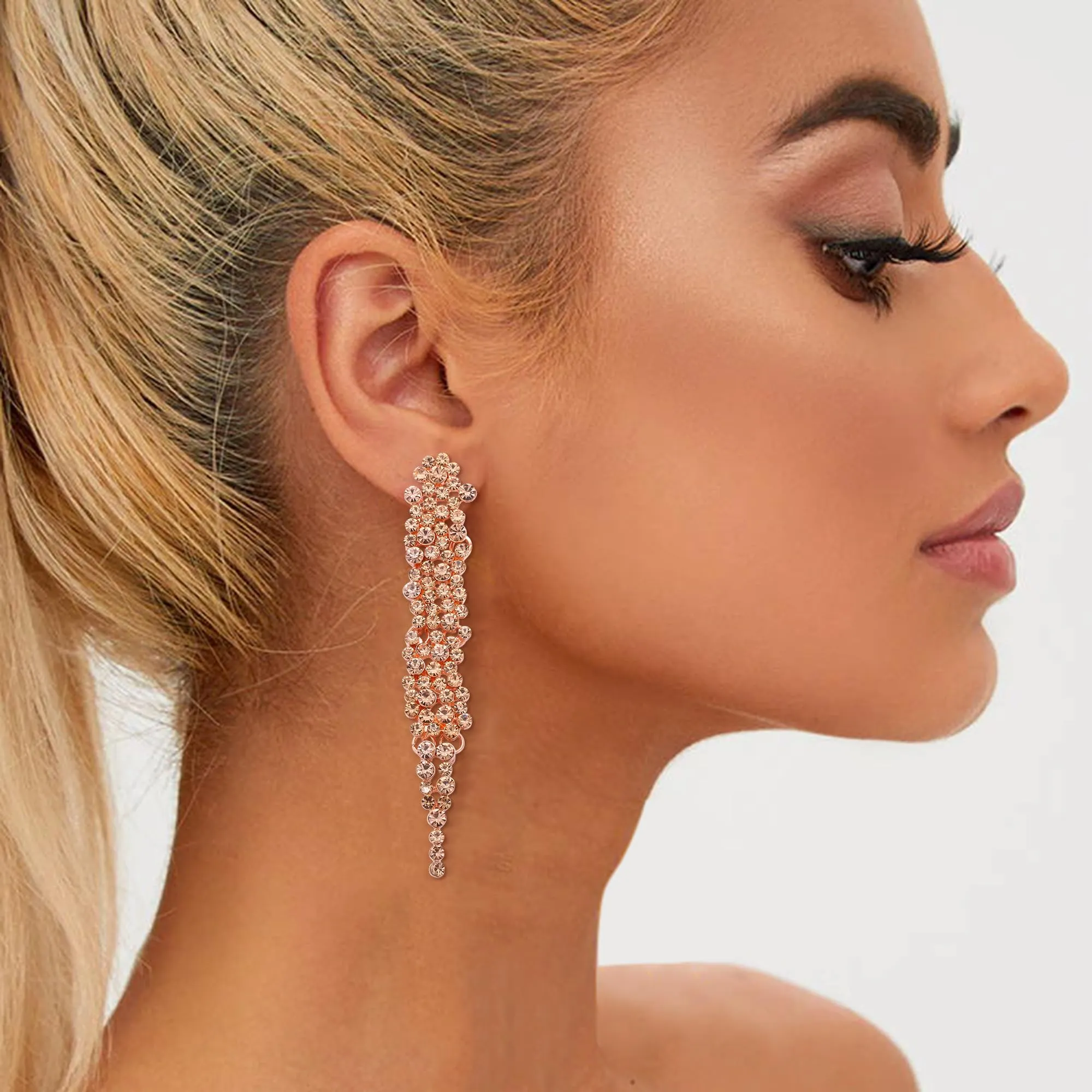 EVER FAITH Statement Orecchini Strass Cristallo Banchetto Lungo Lampadario Pendente per Le Signore Prom Matrimonio Sposa Chiaro Argento Tonalità, Cristallo, Senza Gemstone - immagine 2