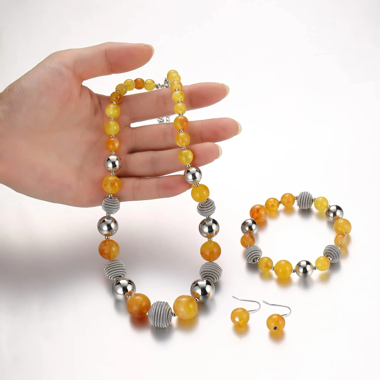 FULU AUTUMN 3 Pcs Parure di Gioielli, Set di Collana con Grandi Perle, Bracciale e Orecchini, Regalo di Compleanno per Donna, Pietra, Nessuna pietra preziosa - immagine 4