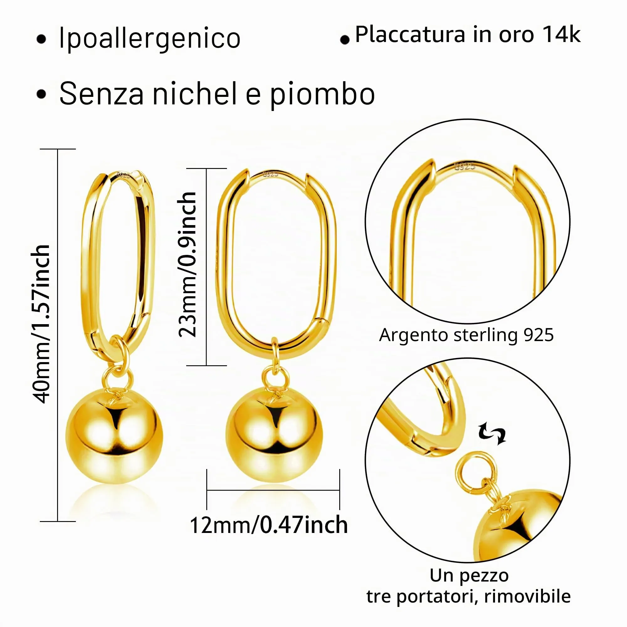 ASH'S CHOICE Orecchini Pendenti Donna Oro 14K Lucido Sfera Leverback - immagine 5