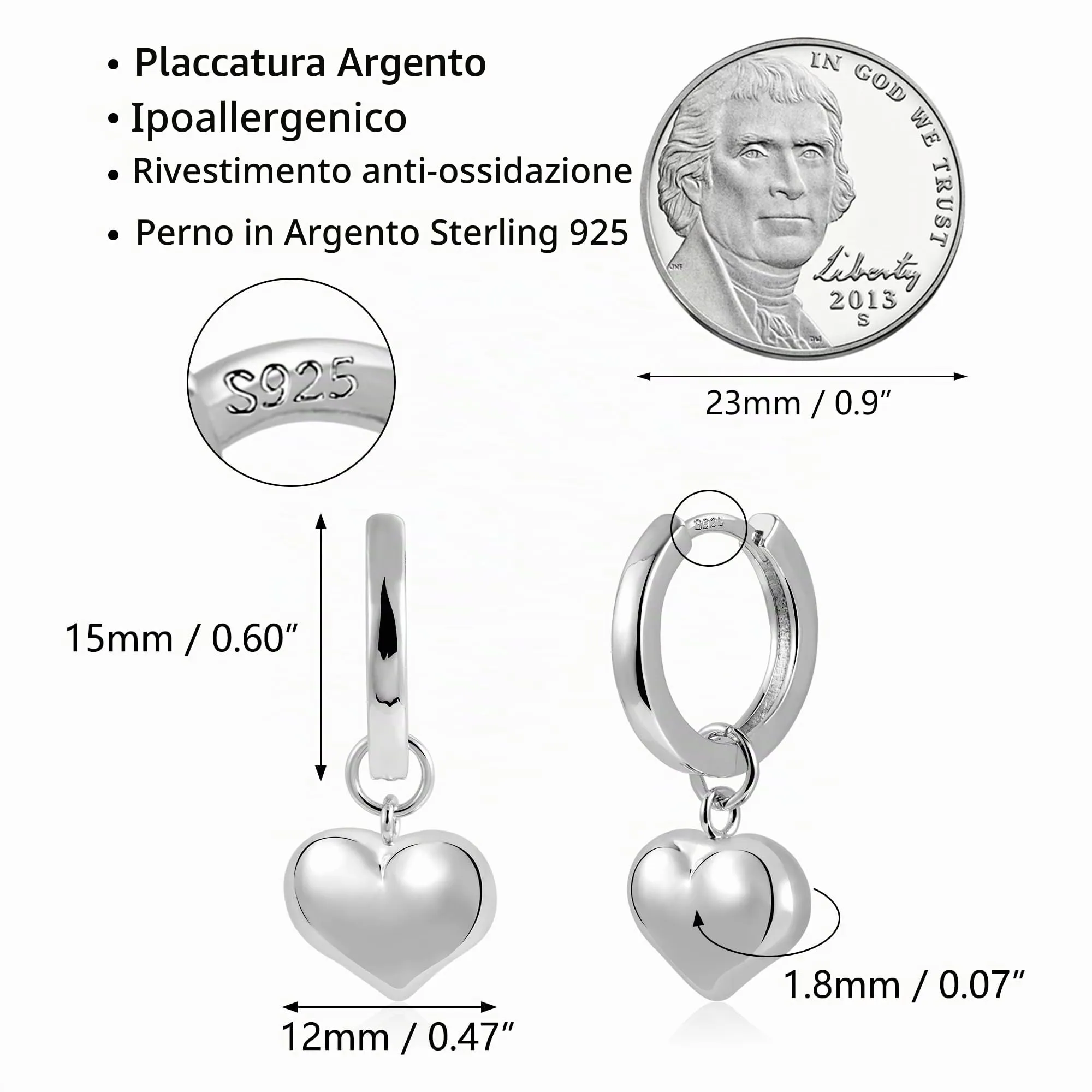 ASH'S CHOICE Orecchini Donna Pendenti Argento Cuore Leverback - immagine 4