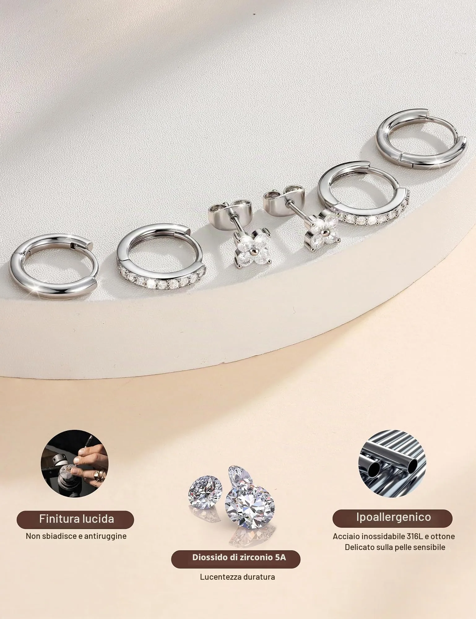 Dochais 3 Paia Orecchini Donna Argento Color Set Orecchini Cerchio Placcato Oro 14K Small Hoop Earrings Ipoallergenico Orecchio Zirconi Cubici Piccoli Cartilagine Trago Conch Helix Piercing Ragazze - immagine 4