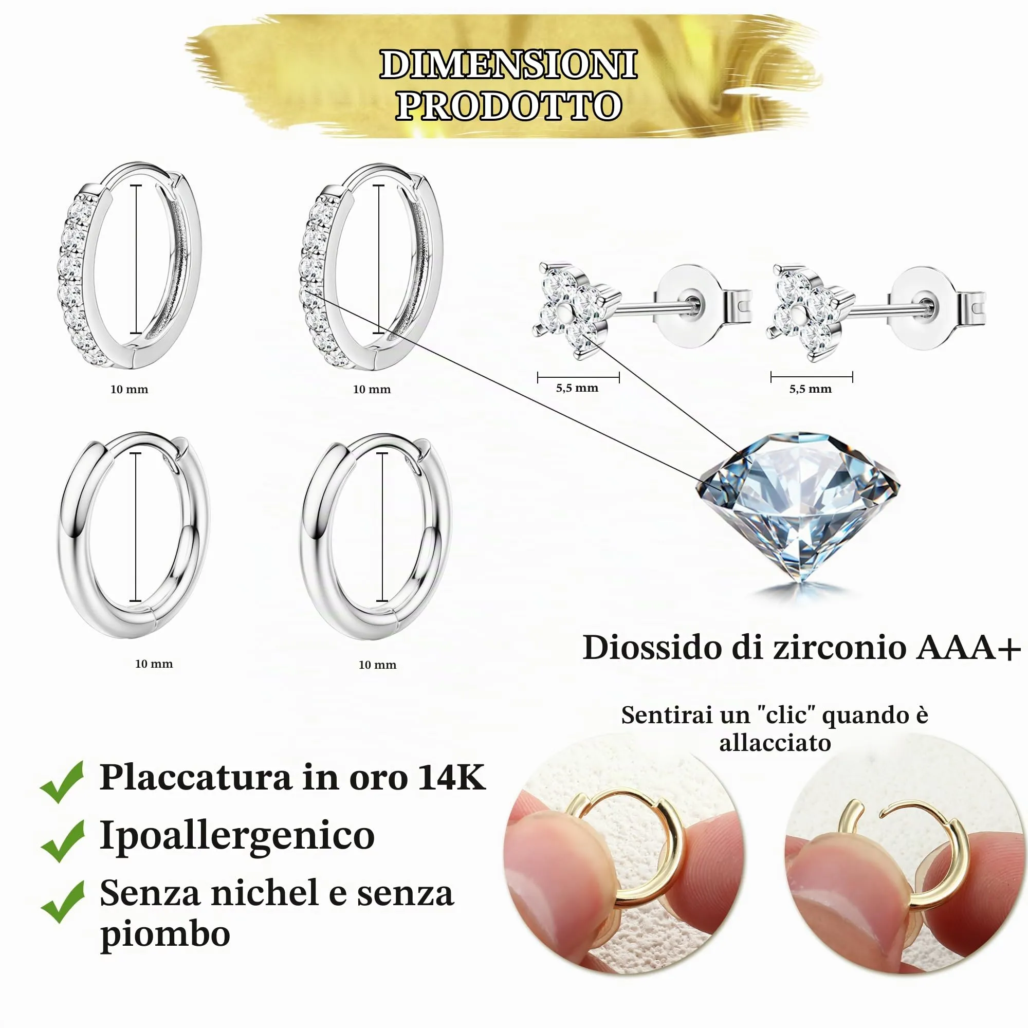 Dochais 3 Paia Orecchini Donna Argento Color Set Orecchini Cerchio Placcato Oro 14K Small Hoop Earrings Ipoallergenico Orecchio Zirconi Cubici Piccoli Cartilagine Trago Conch Helix Piercing Ragazze - immagine 7