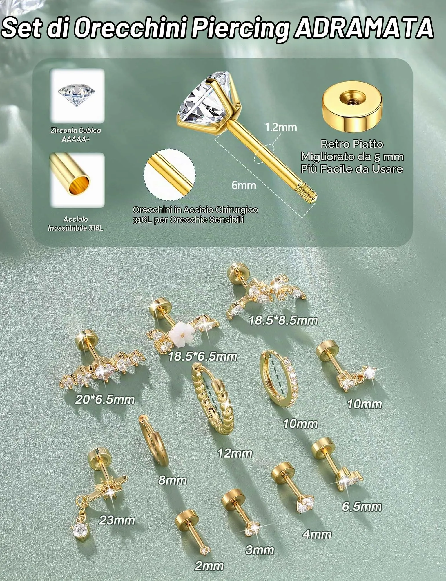 Adramata 12Pcs 16G Piercing Orecchio Acciaio Inossidabile Set Donna - immagine 4