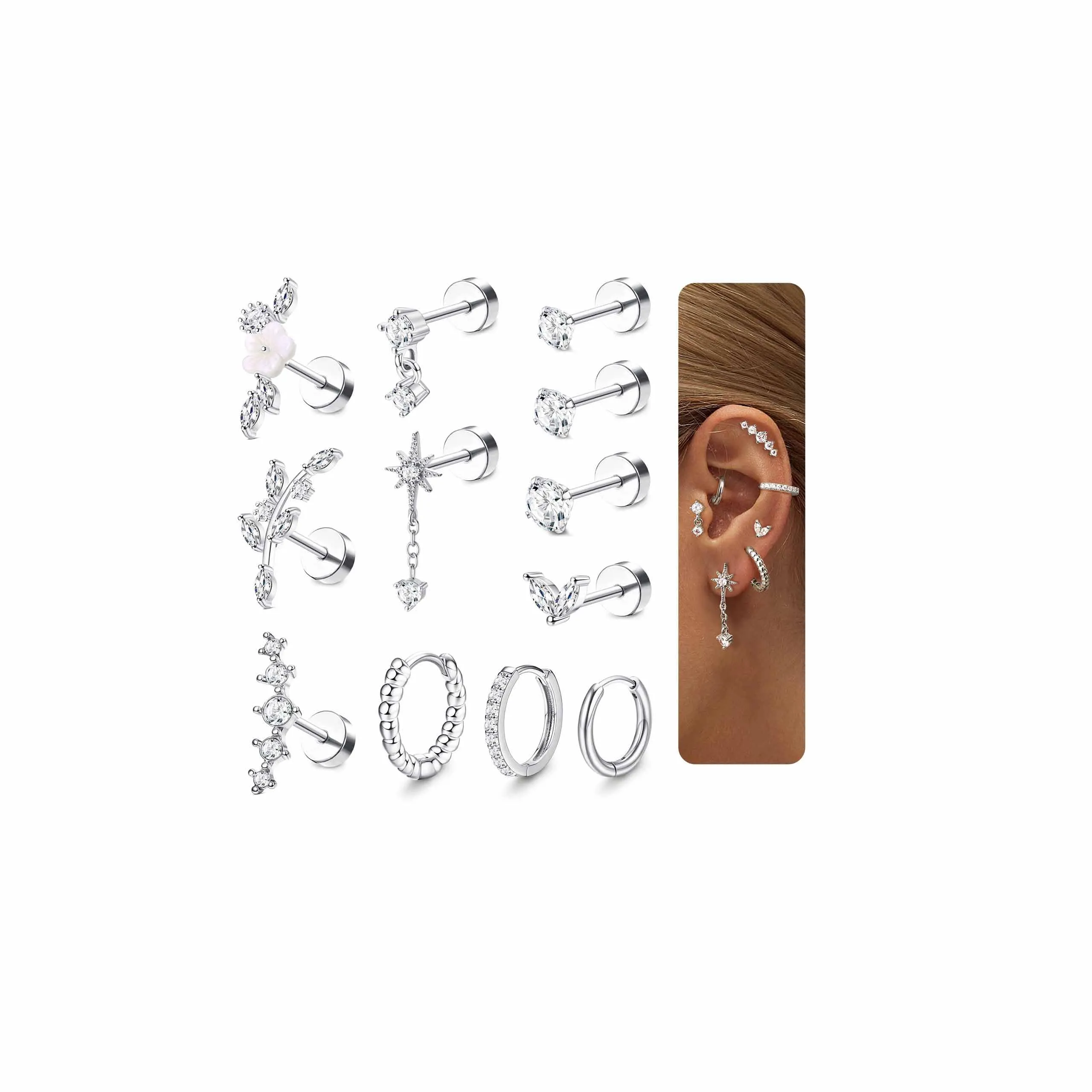Adramata 12Pcs 16G Piercing Orecchio Acciaio Inossidabile Set Donna - immagine 1