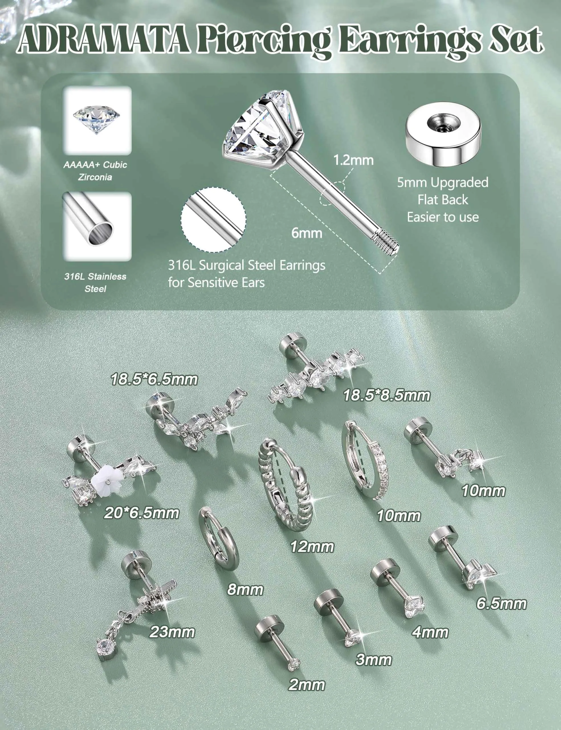 Adramata 12Pcs 16G Piercing Orecchio Acciaio Inossidabile Set Donna - immagine 4