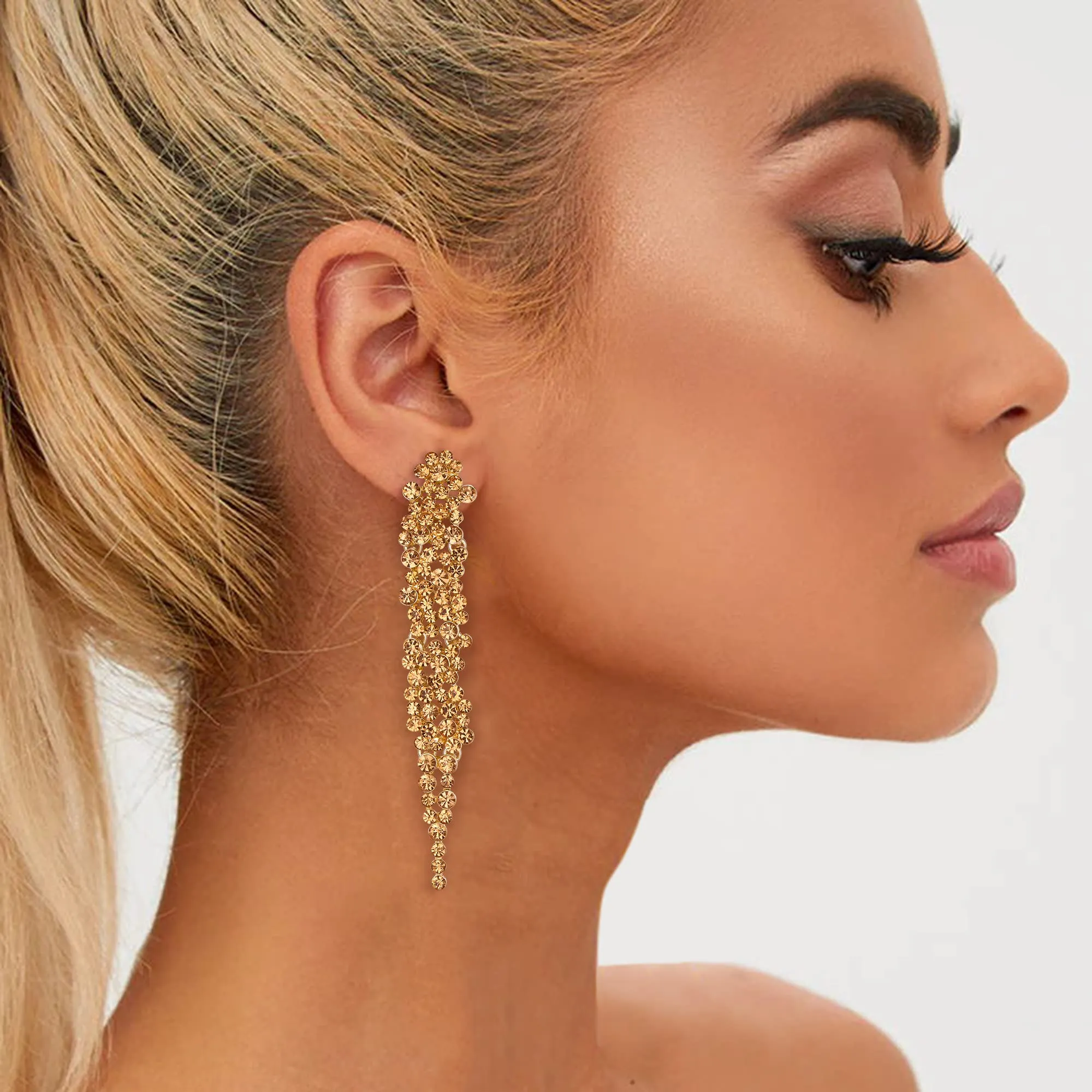 EVER FAITH Statement Orecchini Strass Cristallo Banchetto Lungo Lampadario Pendente per Le Signore Prom Matrimonio Sposa Chiaro Argento Tonalità, Cristallo, Nessuna pietra preziosa - immagine 2
