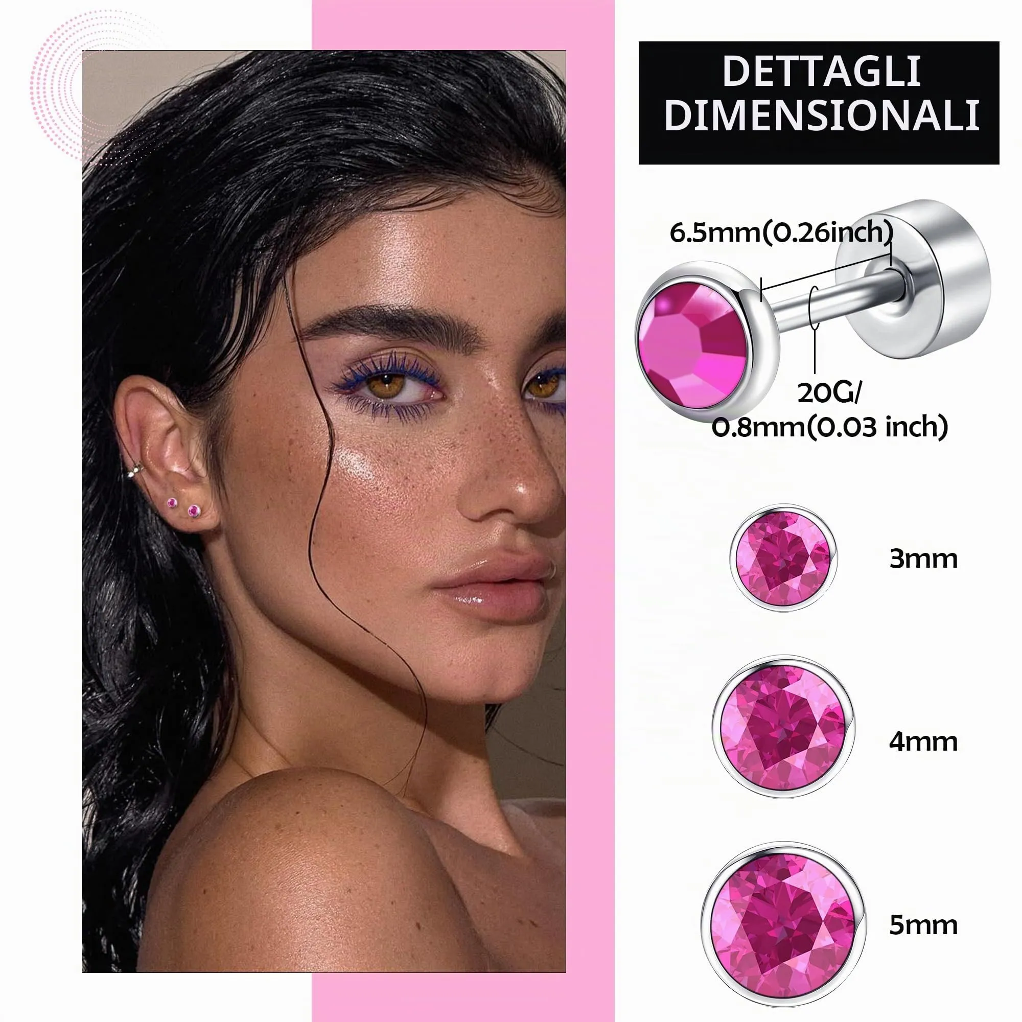 Artskin Orecchini in Titanio Ipoallergenici con Cristallo 3mm/4mm/5mm - immagine 2