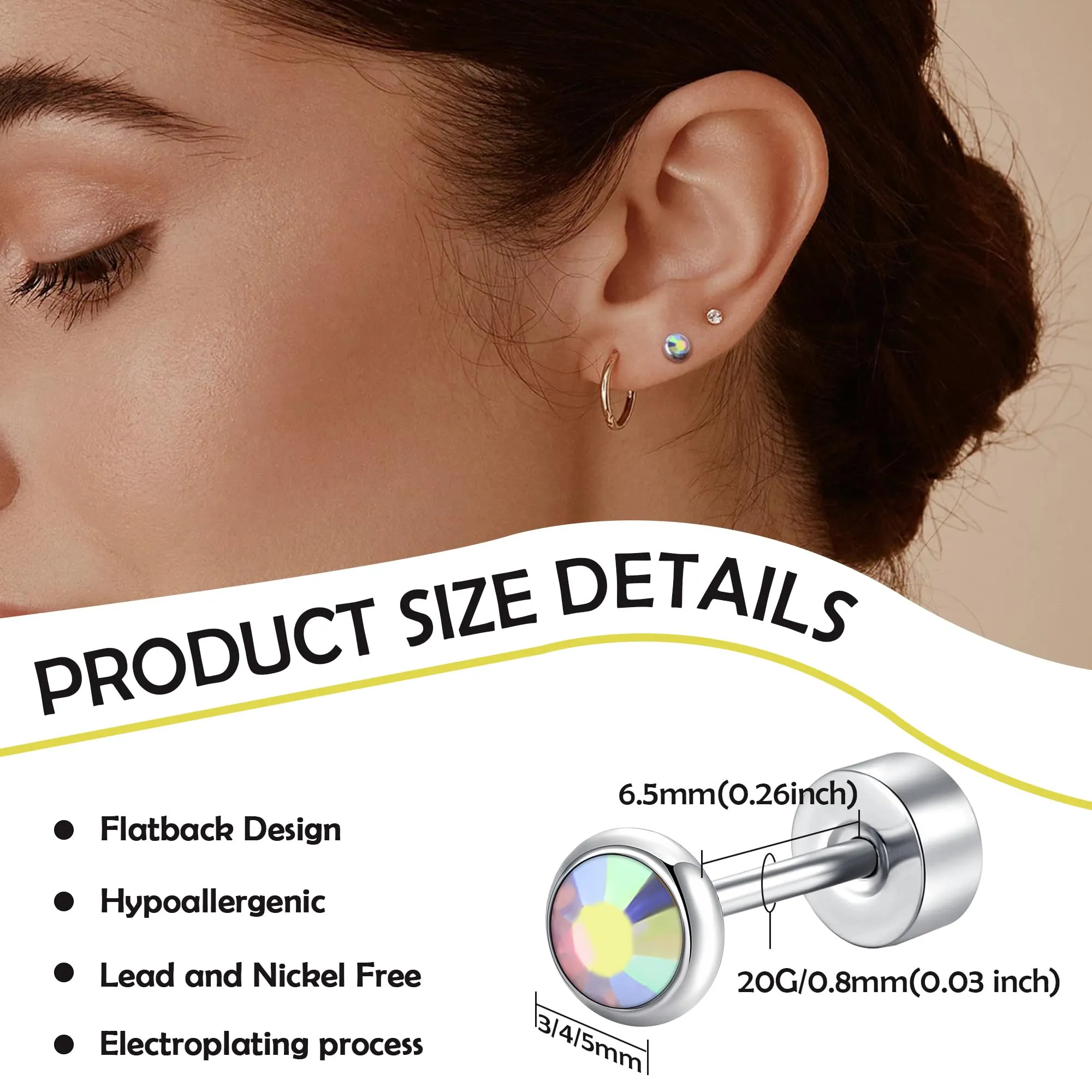 Artskin Orecchini in Titanio Ipoallergenici con Cristallo 3mm/4mm/5mm - immagine 2