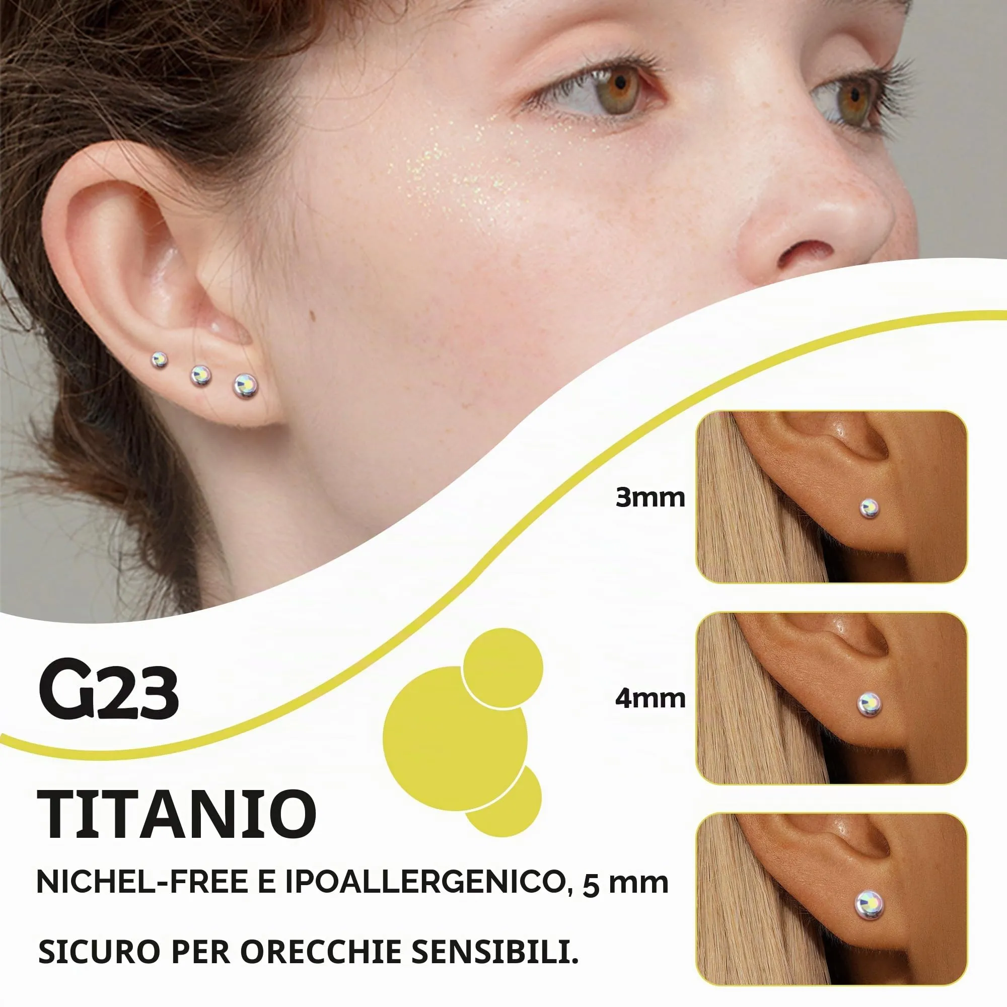 Artskin Orecchini in Titanio Ipoallergenici con Cristallo 3mm/4mm/5mm - immagine 3