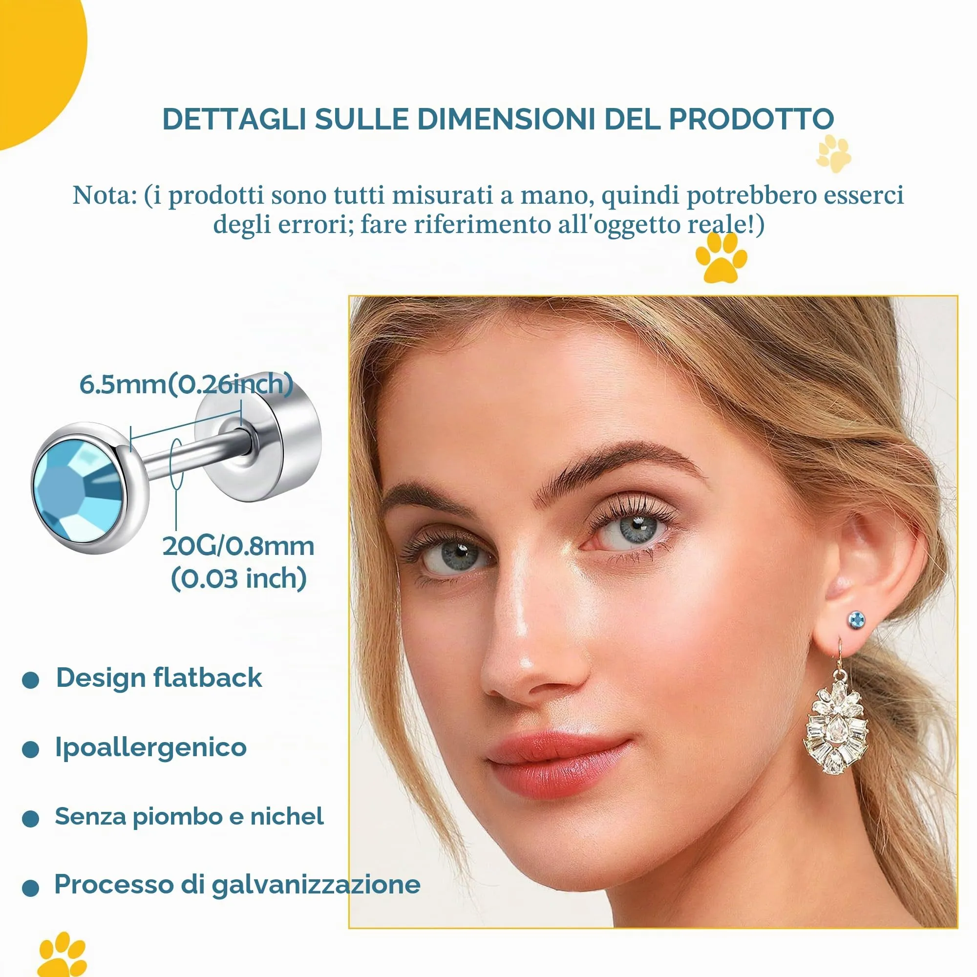 Artskin Orecchini in Titanio Ipoallergenici con Cristallo 3mm/4mm/5mm - immagine 2