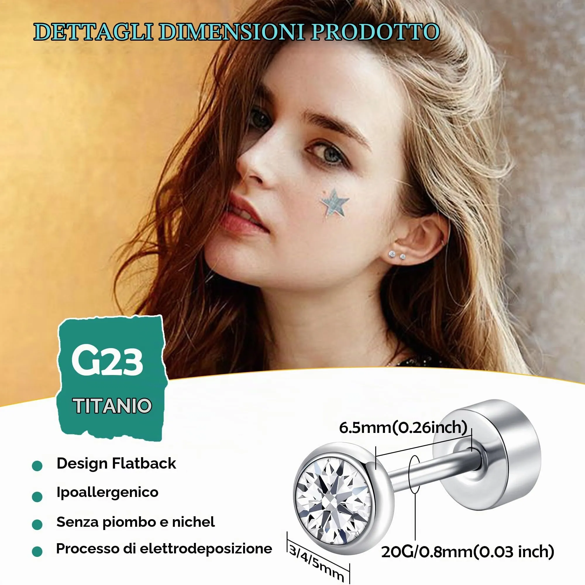 Artskin Orecchini in Titanio Ipoallergenici con Cristallo 3mm/4mm/5mm - immagine 2