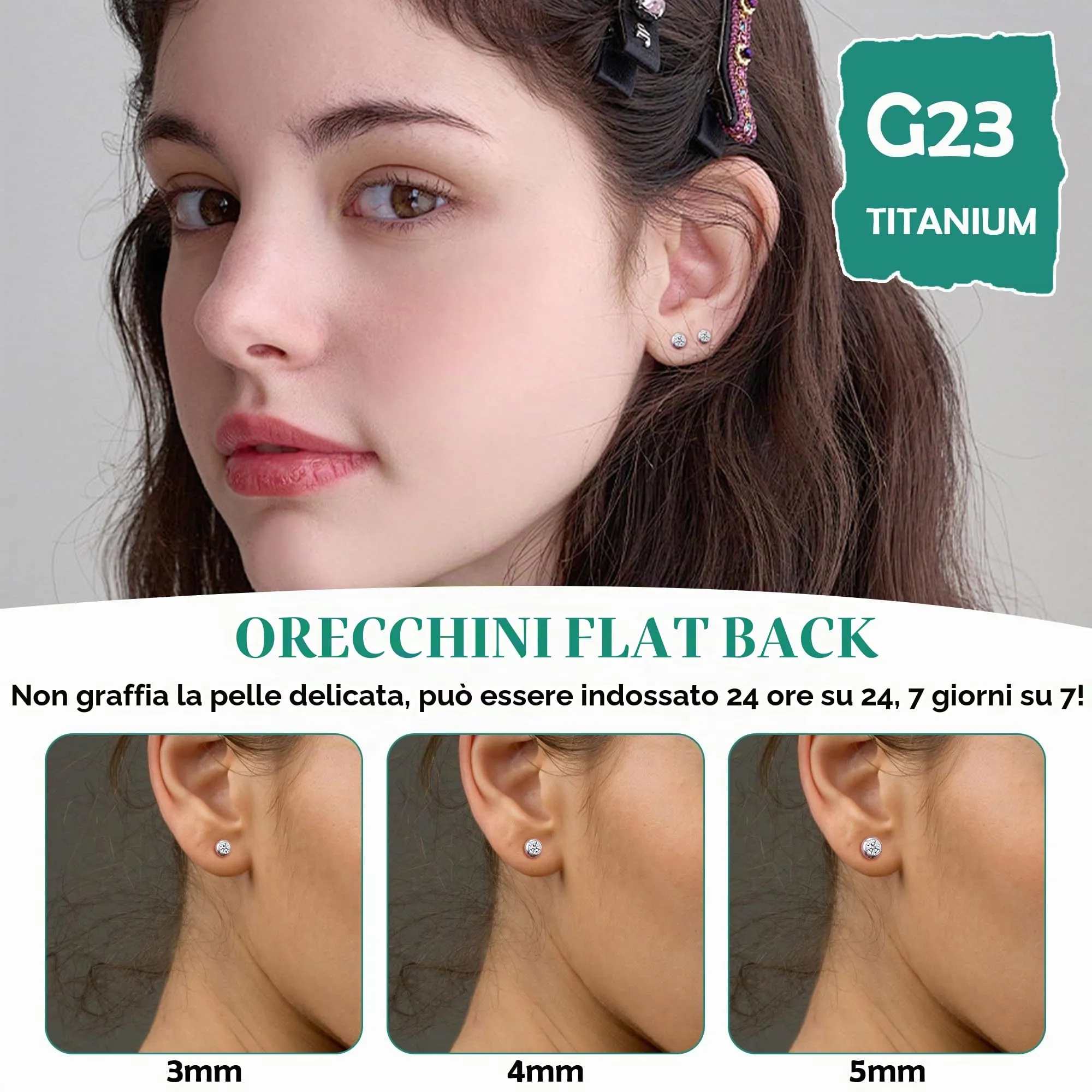 Artskin Orecchini in Titanio Ipoallergenici con Cristallo 3mm/4mm/5mm - immagine 4
