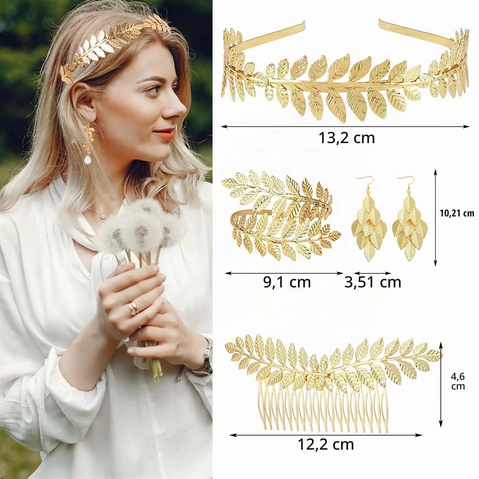 VIDSTW Set di Gioielli Dea Greca - Parure Accessori Donna con Orecchini Sposa Perla, Collana, Bracciali, Pettini e Accessori per Capelli in Oro - immagine 2